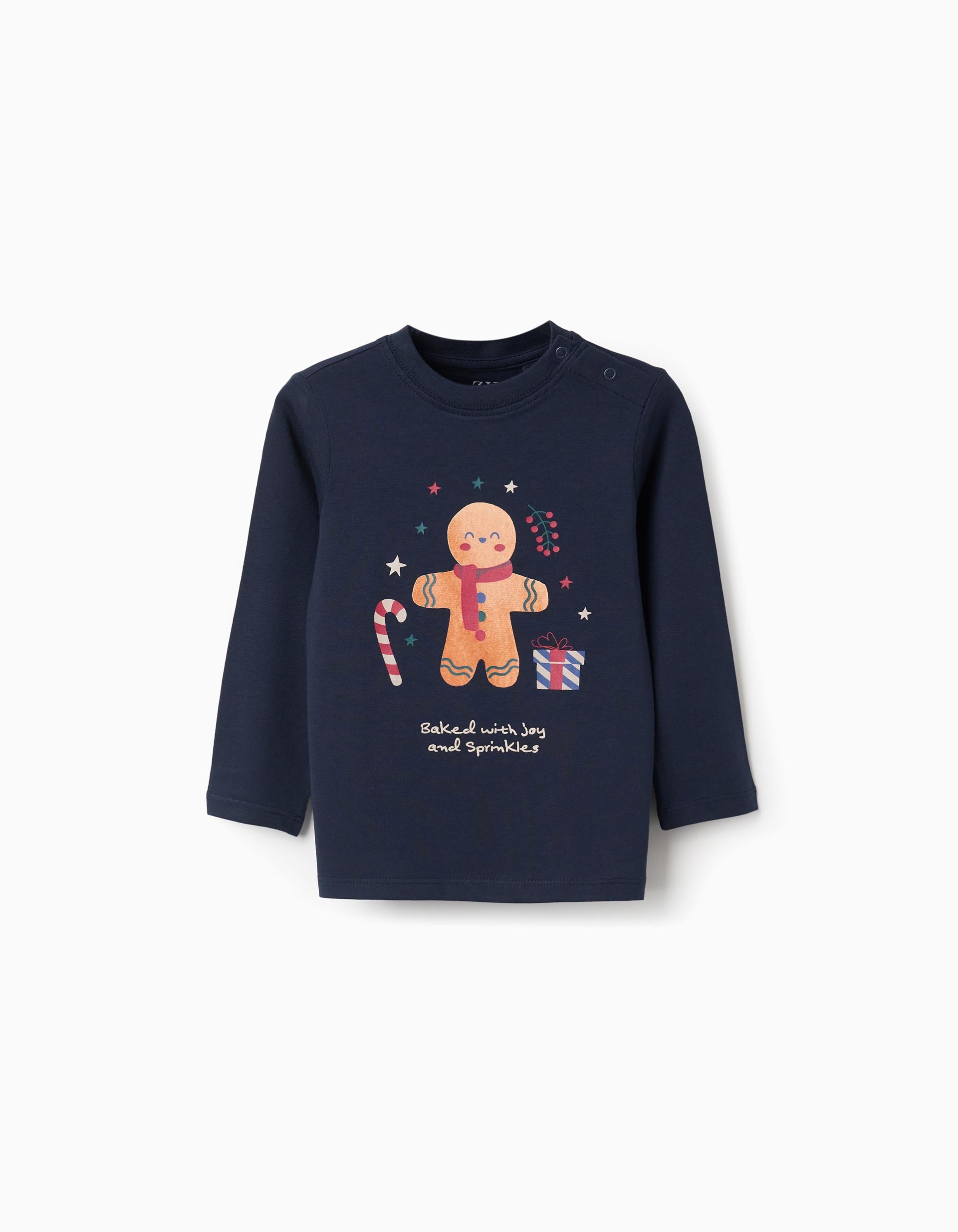 Long sleeve T-shirt with gingerbread print for baby boys, dark blue