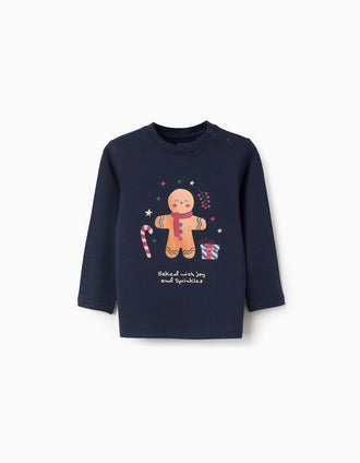 T-shirt com boneco de gengibre estampado para bebé menino, azul-escuro
