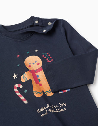 T-shirt com boneco de gengibre estampado para bebé menino, azul-escuro