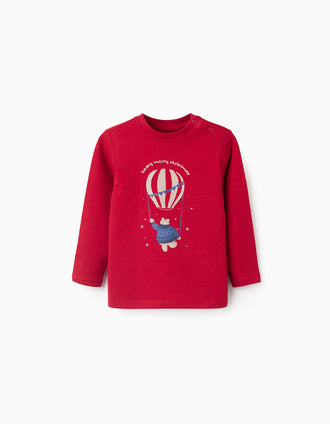 T-shirt de manga comprida com urso estampado para bebé menino, vermelho
