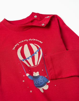 T-shirt de manga comprida com urso estampado para bebé menino, vermelho