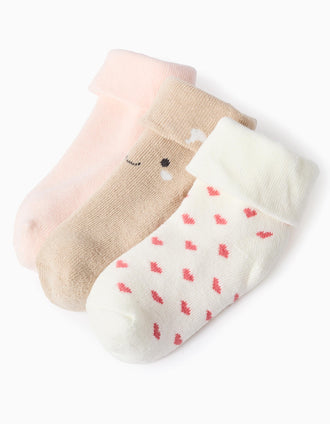 Pack 3 Pares de Medias Gruesas para Bebé Niña 'Corazones', Multicolor