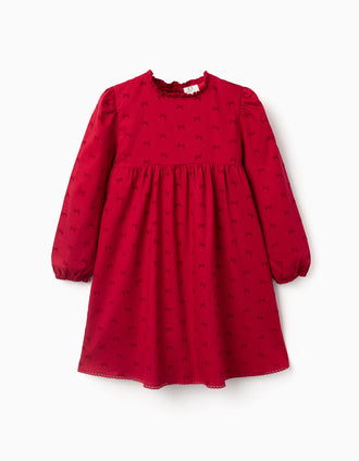 Vestido de sarga con motivo de lazos de terciopelo para niña, rojo
