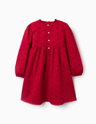 Vestido de sarga con motivo de lazos de terciopelo para niña, rojo