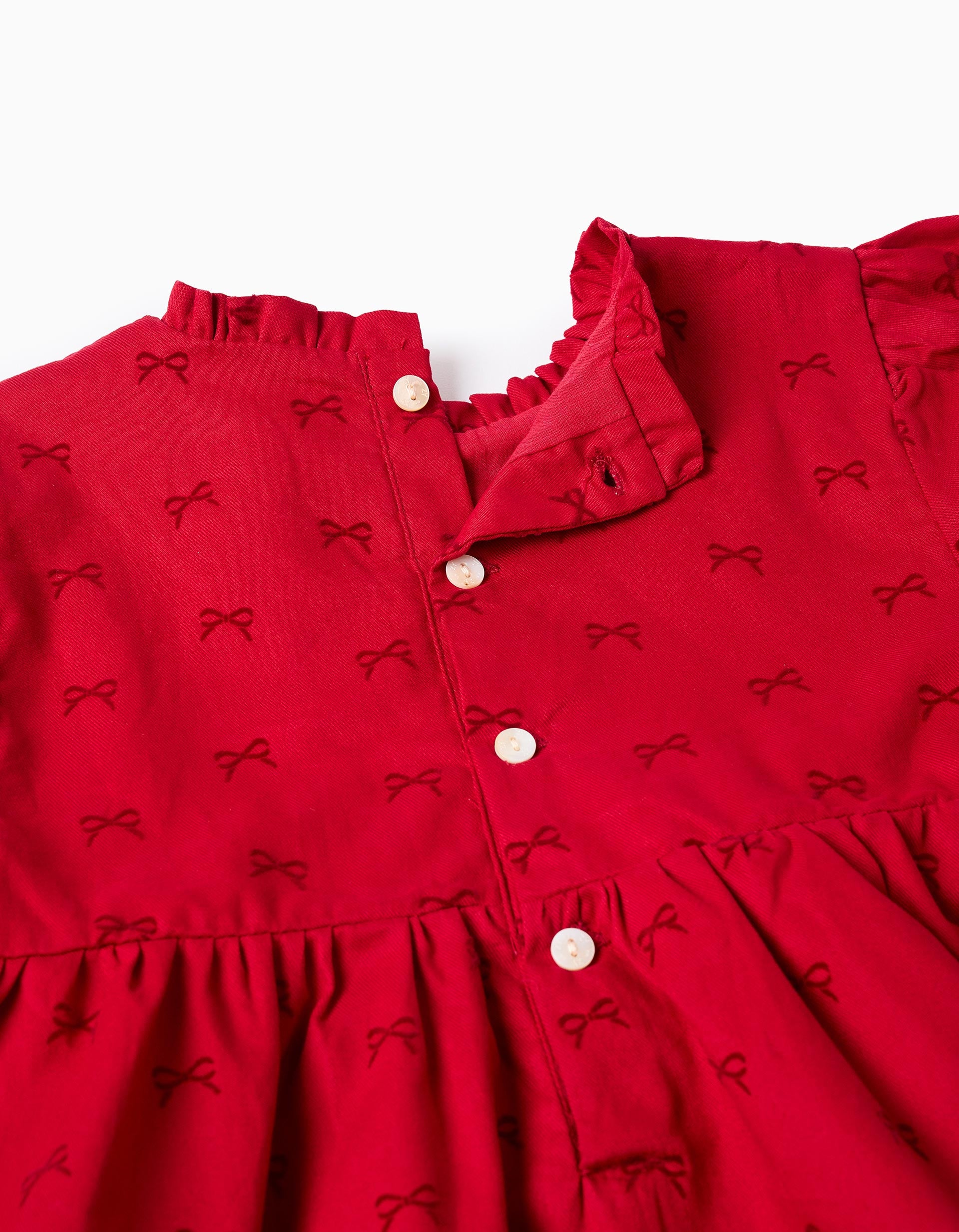 Long sleeve twill dress with velvet bow motif for girls, red