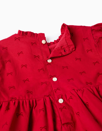 Vestido de sarga con motivo de lazos de terciopelo para niña, rojo