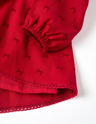 Vestido de sarga con motivo de lazos de terciopelo para niña, rojo