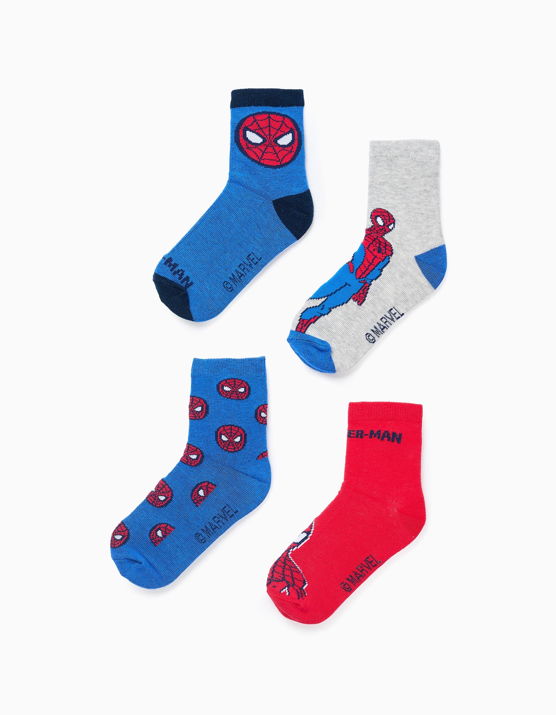 Pack 4 Paires de Chaussettes Spider-Man pour Garçon, Bleu/Rouge/Gris
