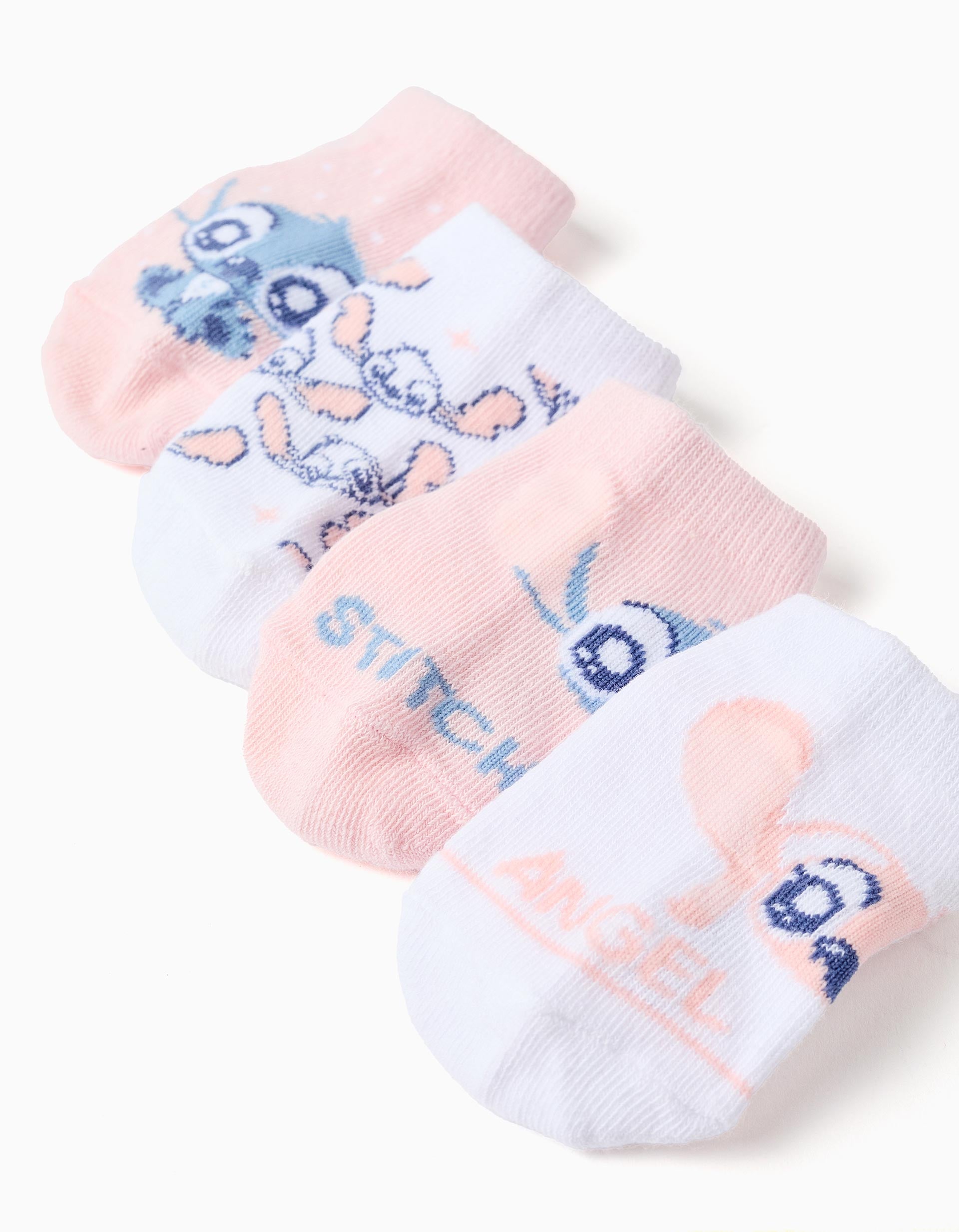 4 Paires de Socquettes 'Stitch' pour Bébé Fille, Rose/Blanc