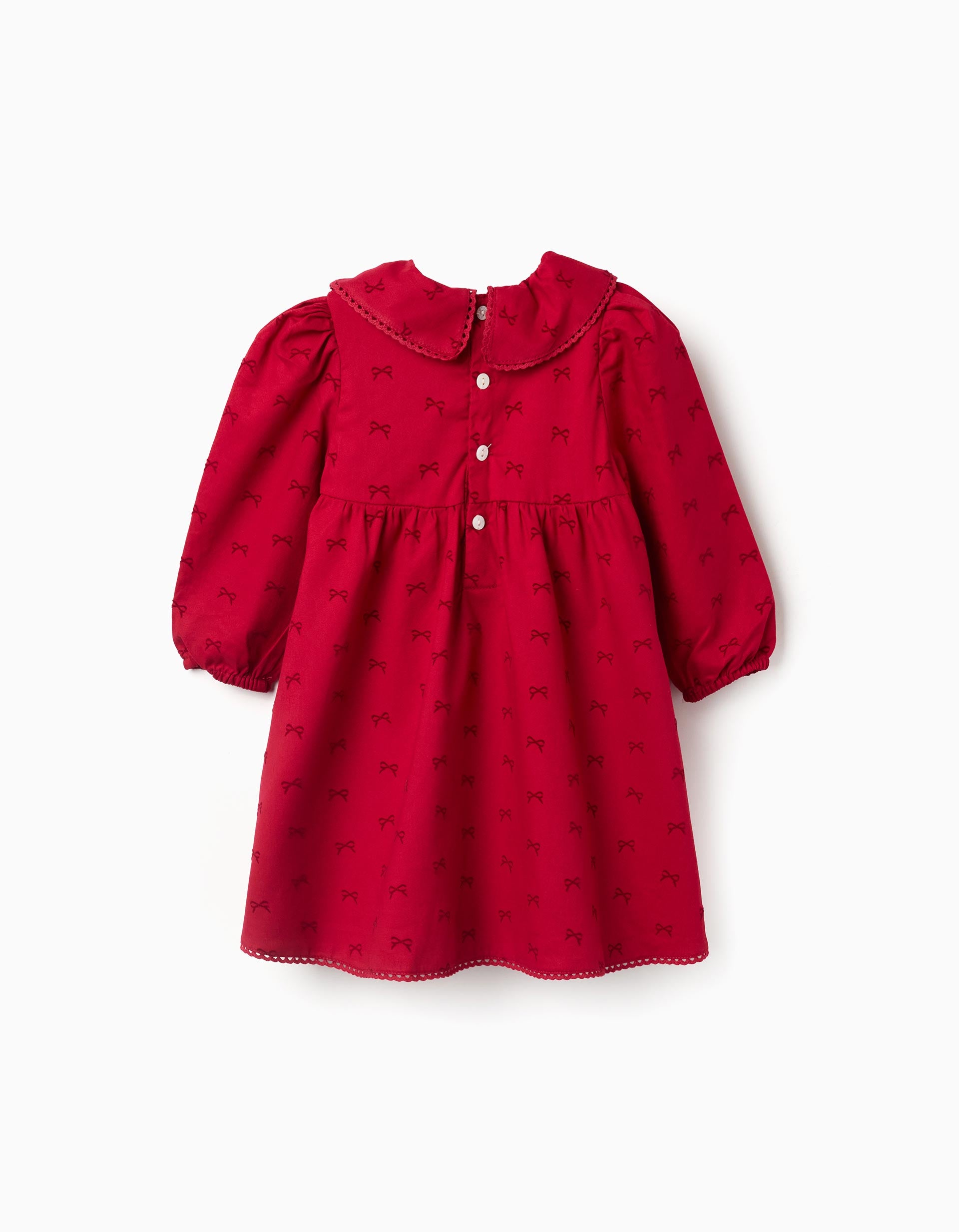 Long sleeve twill dress with velvet bow motif for baby girls, red