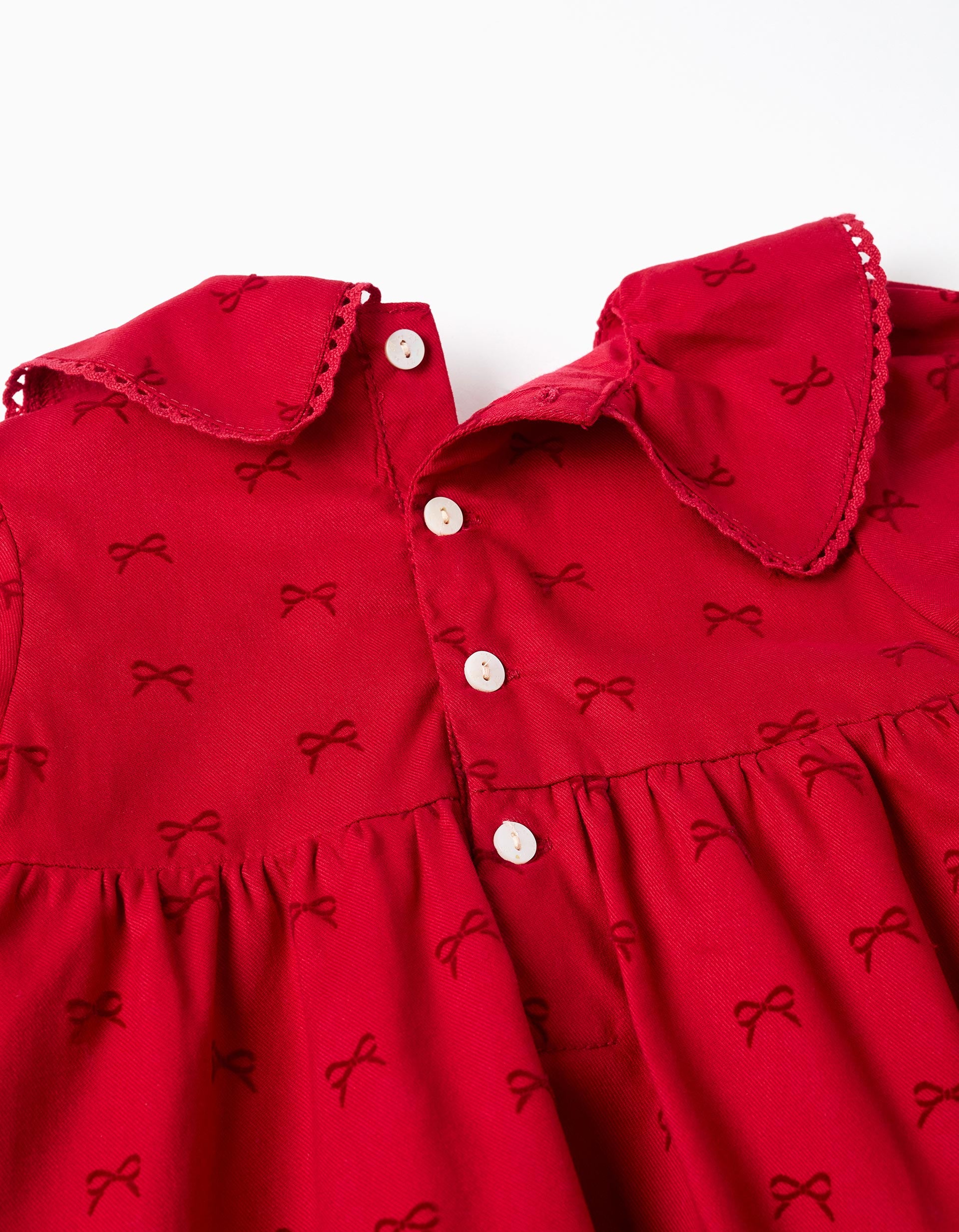 Long sleeve twill dress with velvet bow motif for baby girls, red