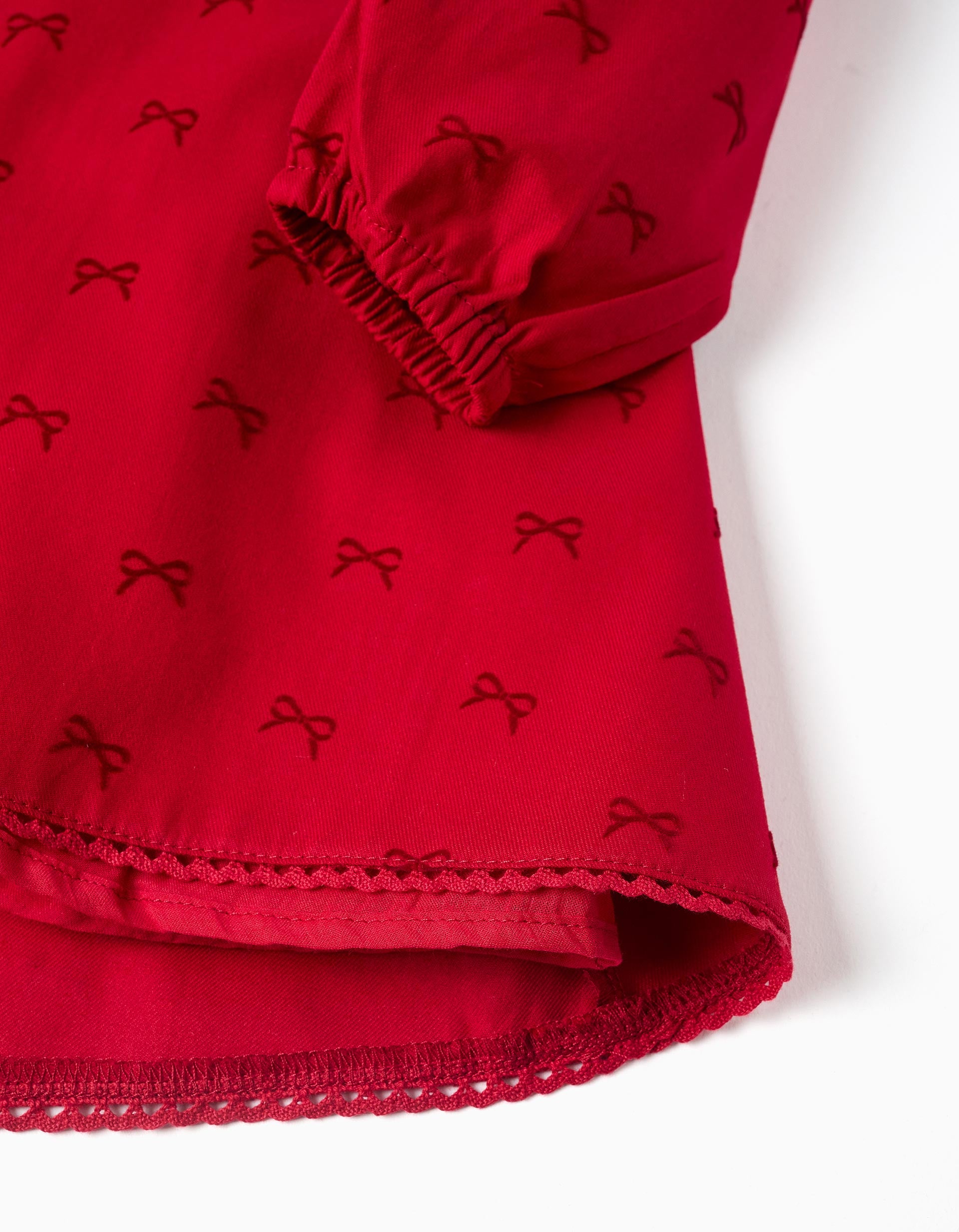 Long sleeve twill dress with velvet bow motif for baby girls, red