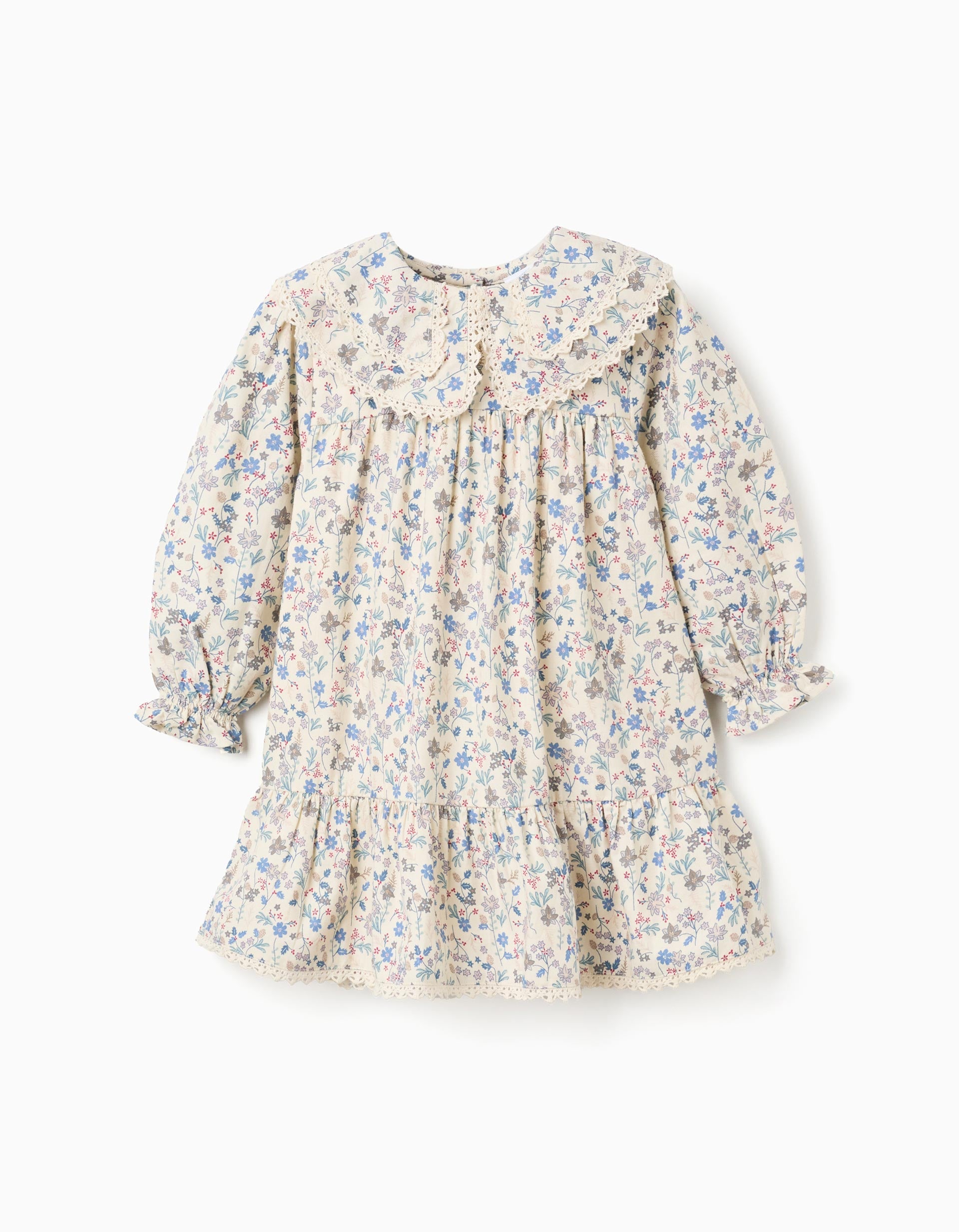 Cotton dress with floral pattern and embroidery B&S for baby girls, beige