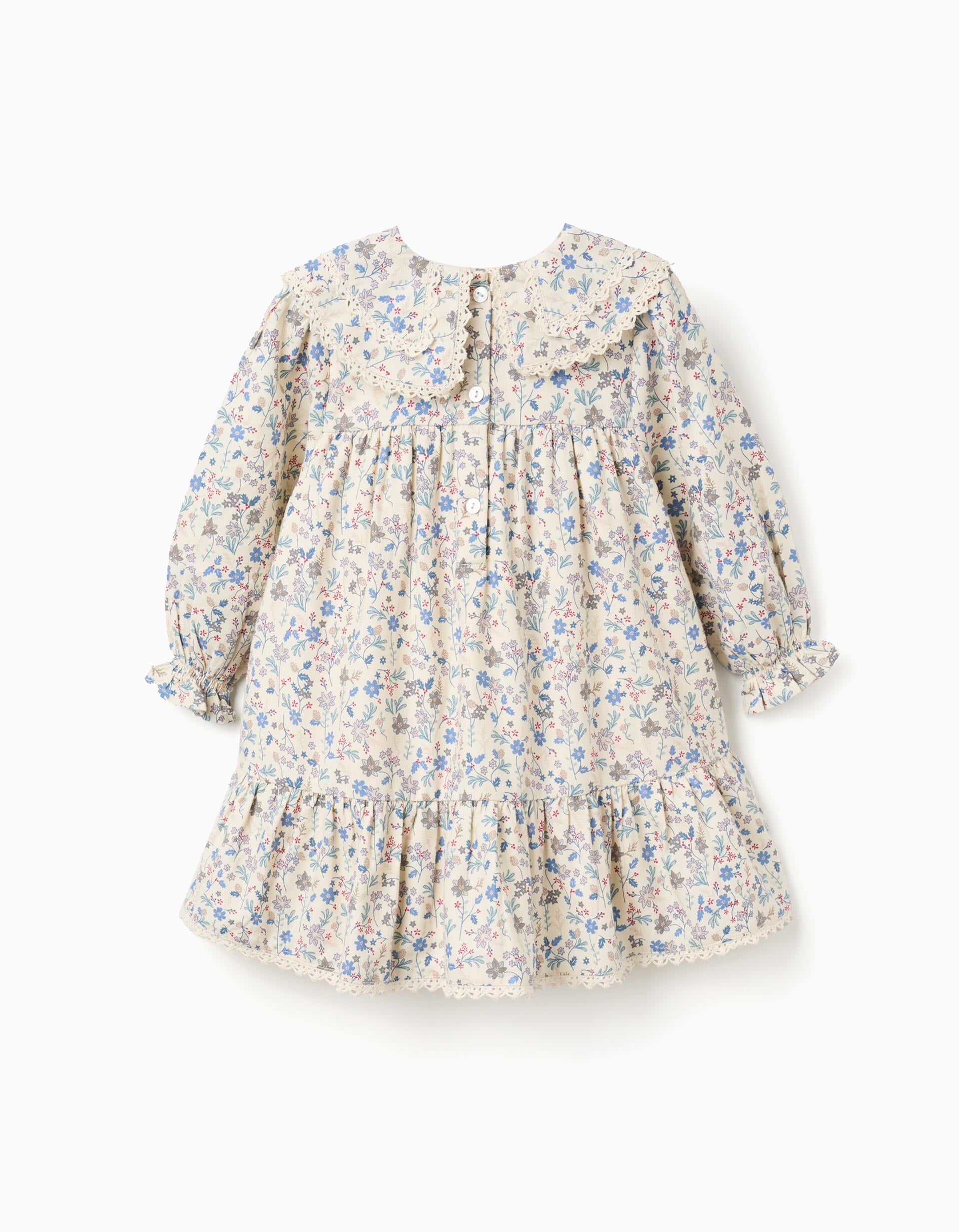 Cotton dress with floral pattern and embroidery B&S for baby girls, beige