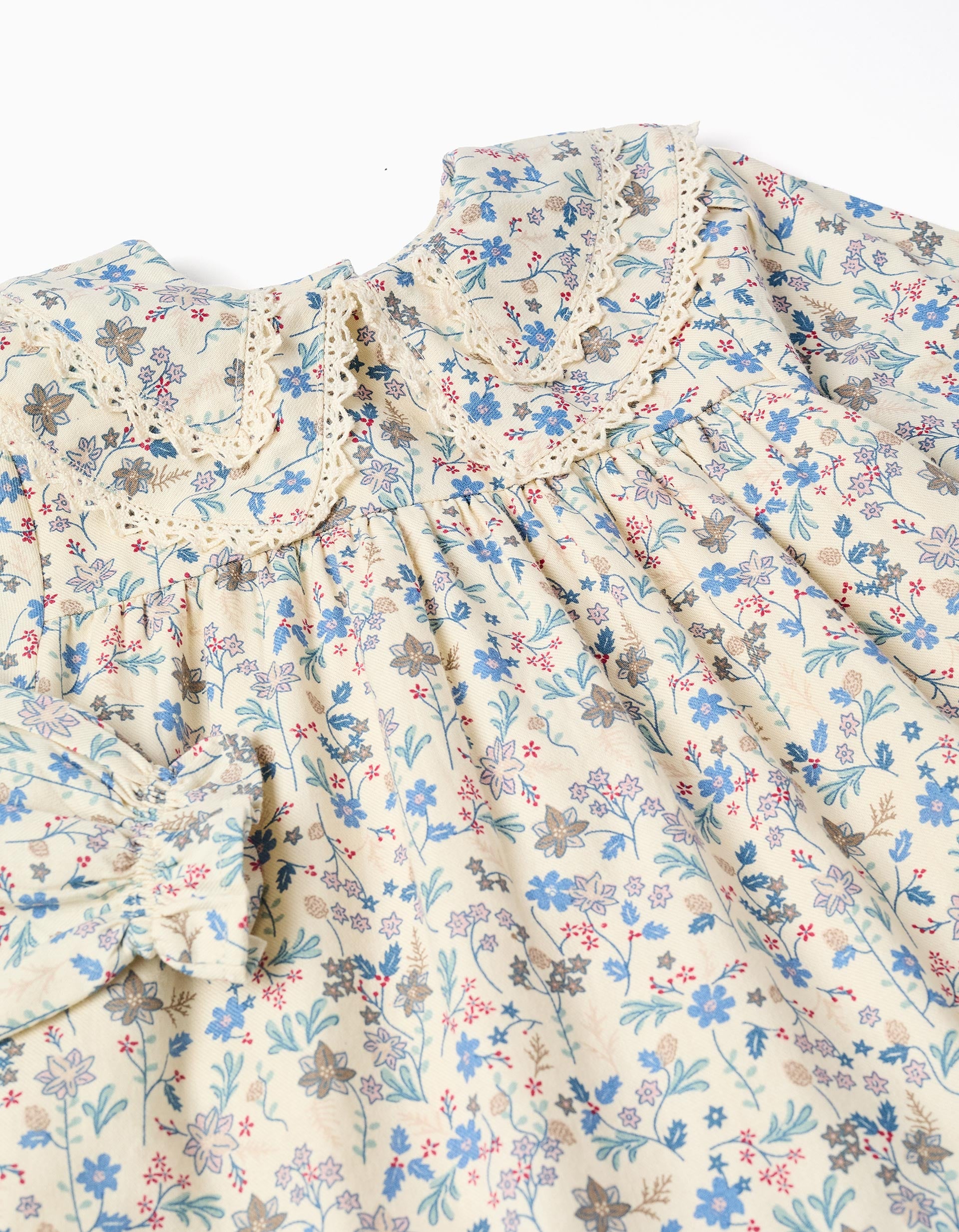 Cotton dress with floral pattern and embroidery B&S for baby girls, beige