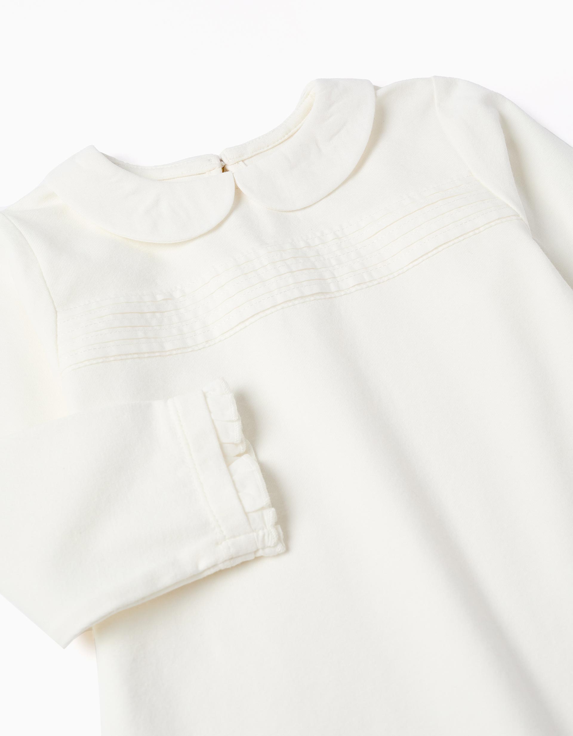 T-shirt de manga comprida com plissado e folhos para bebé menina, branco