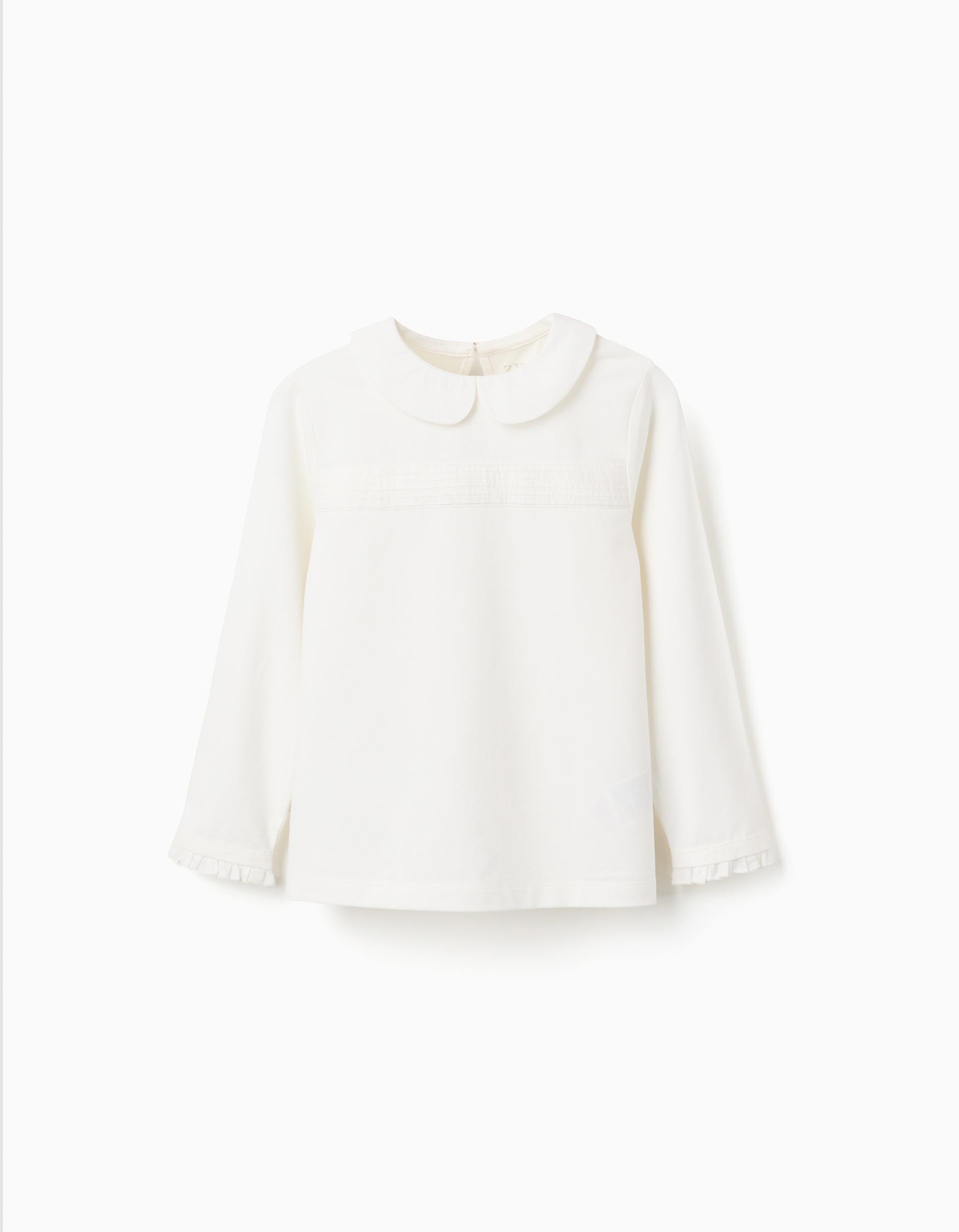 T-shirt de manga comprida com plissado e folhos para menina, branco