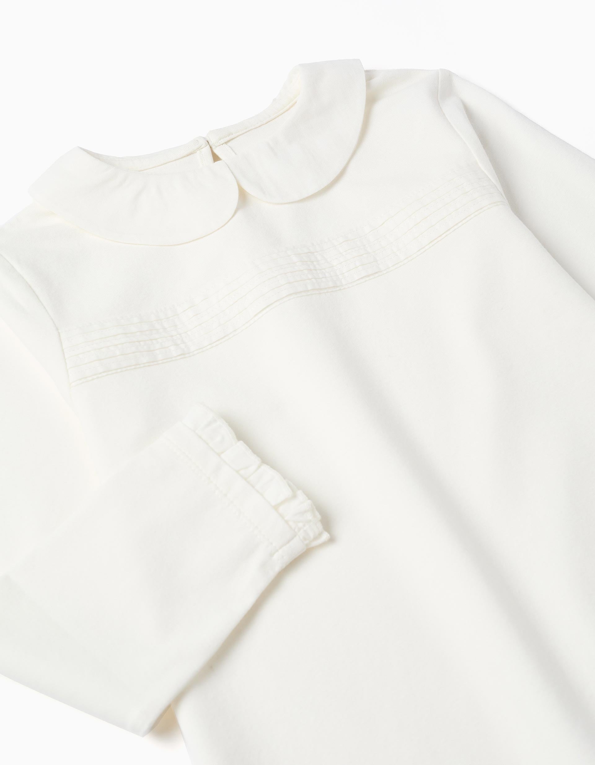 T-shirt de manga comprida com plissado e folhos para menina, branco