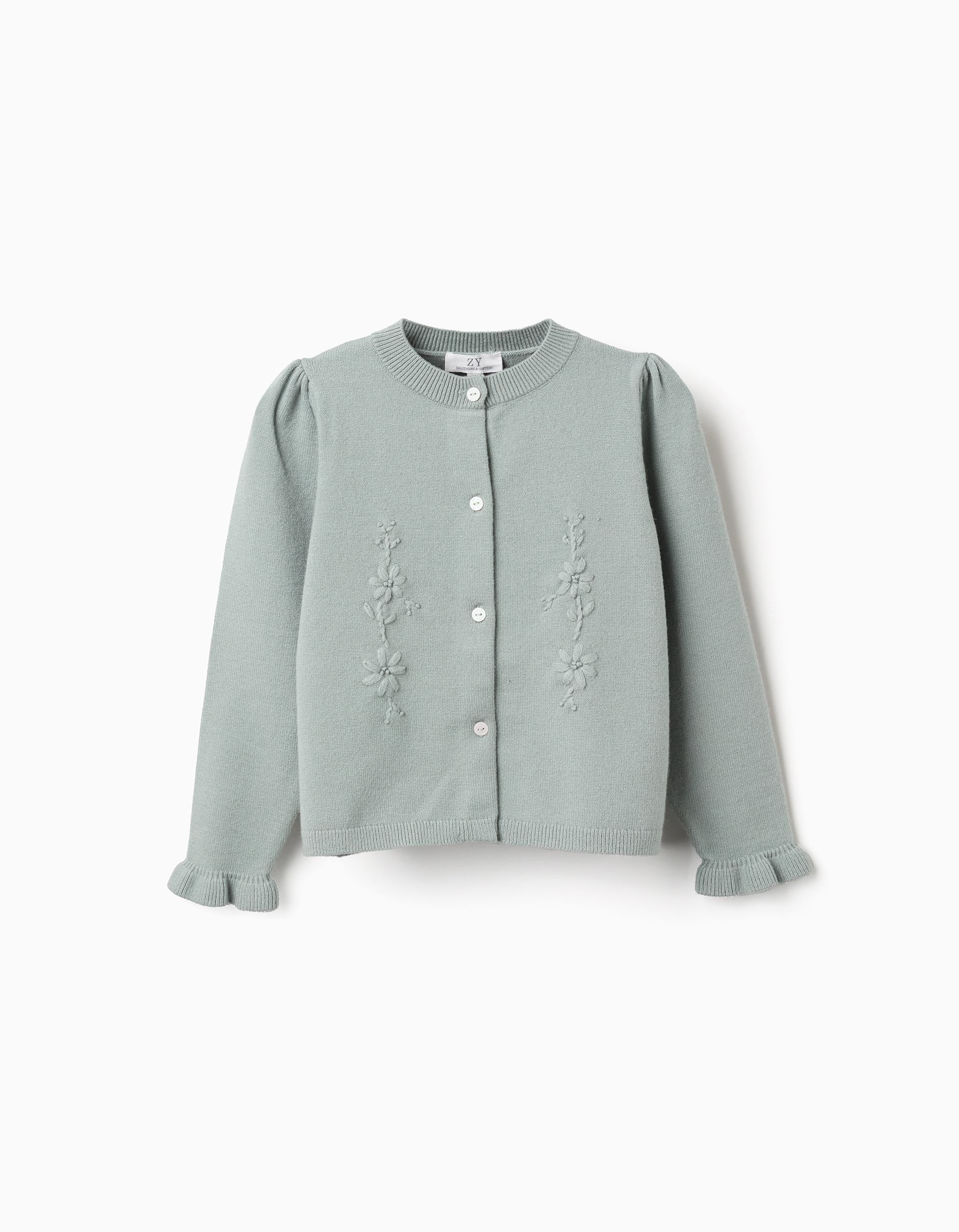 Cardigan with embroidery and ruffles B&S for girls, light green