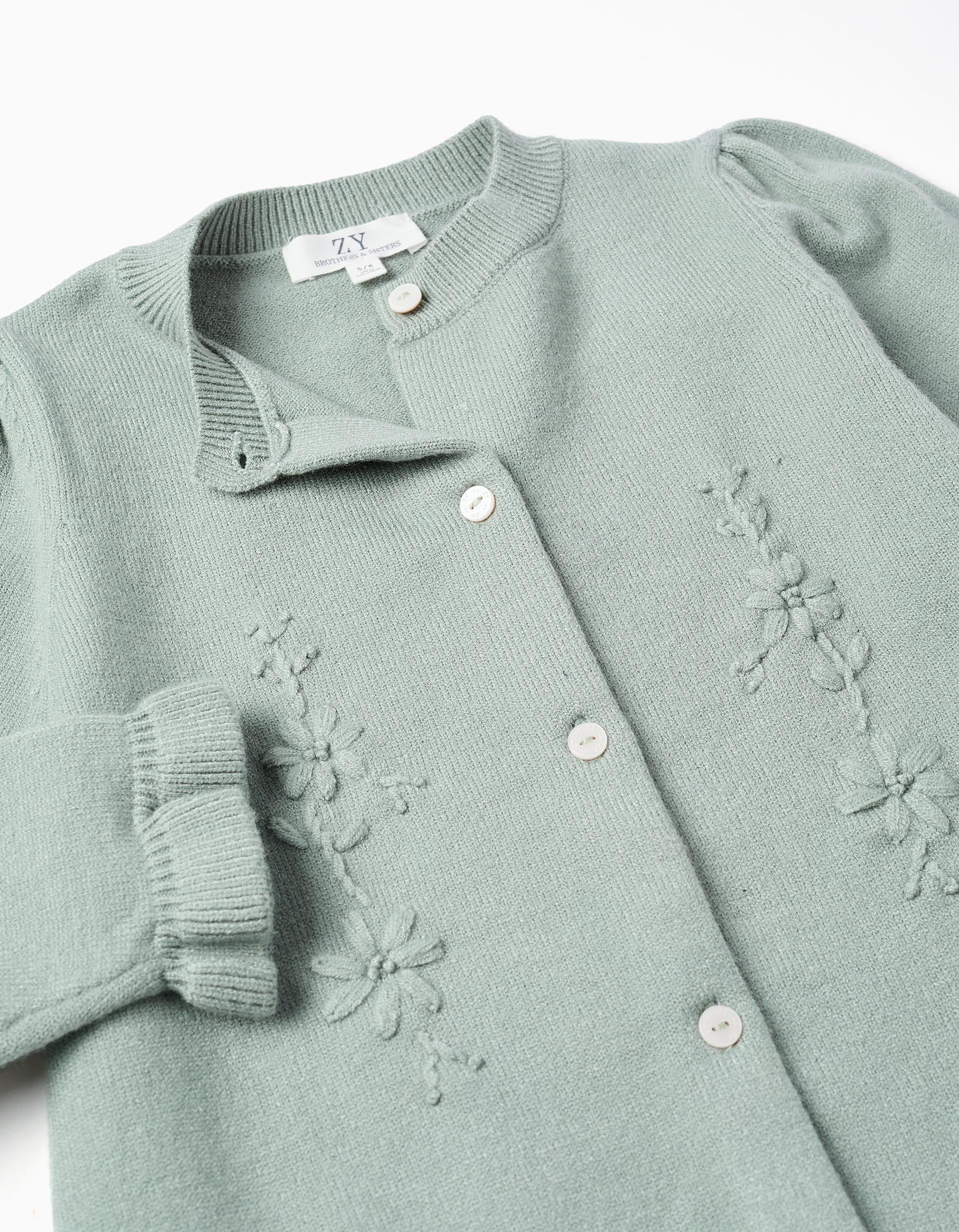 Cardigan with embroidery and ruffles B&S for girls, light green