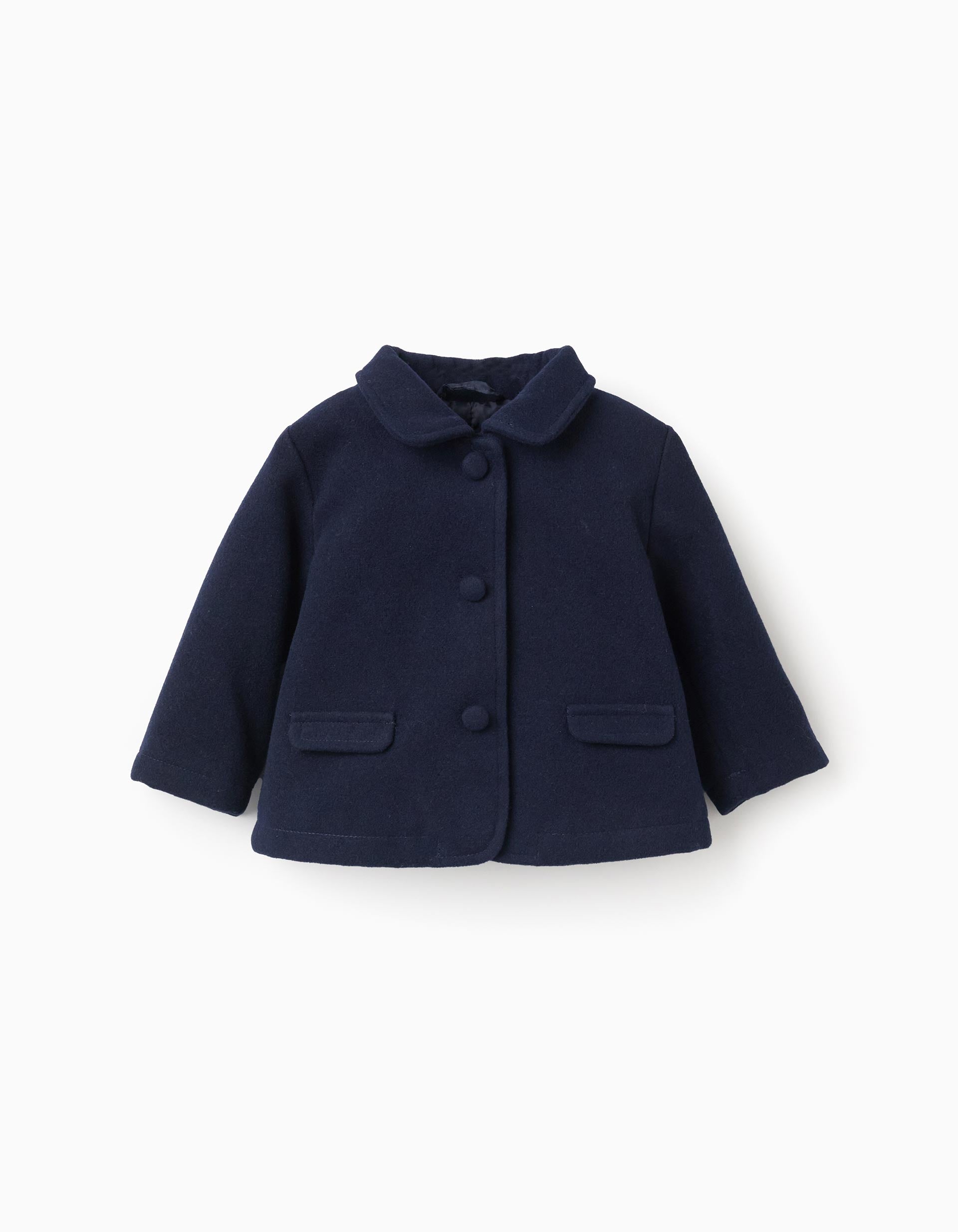 Wool effect coat with decorative buttons for newborn girls, dark blue