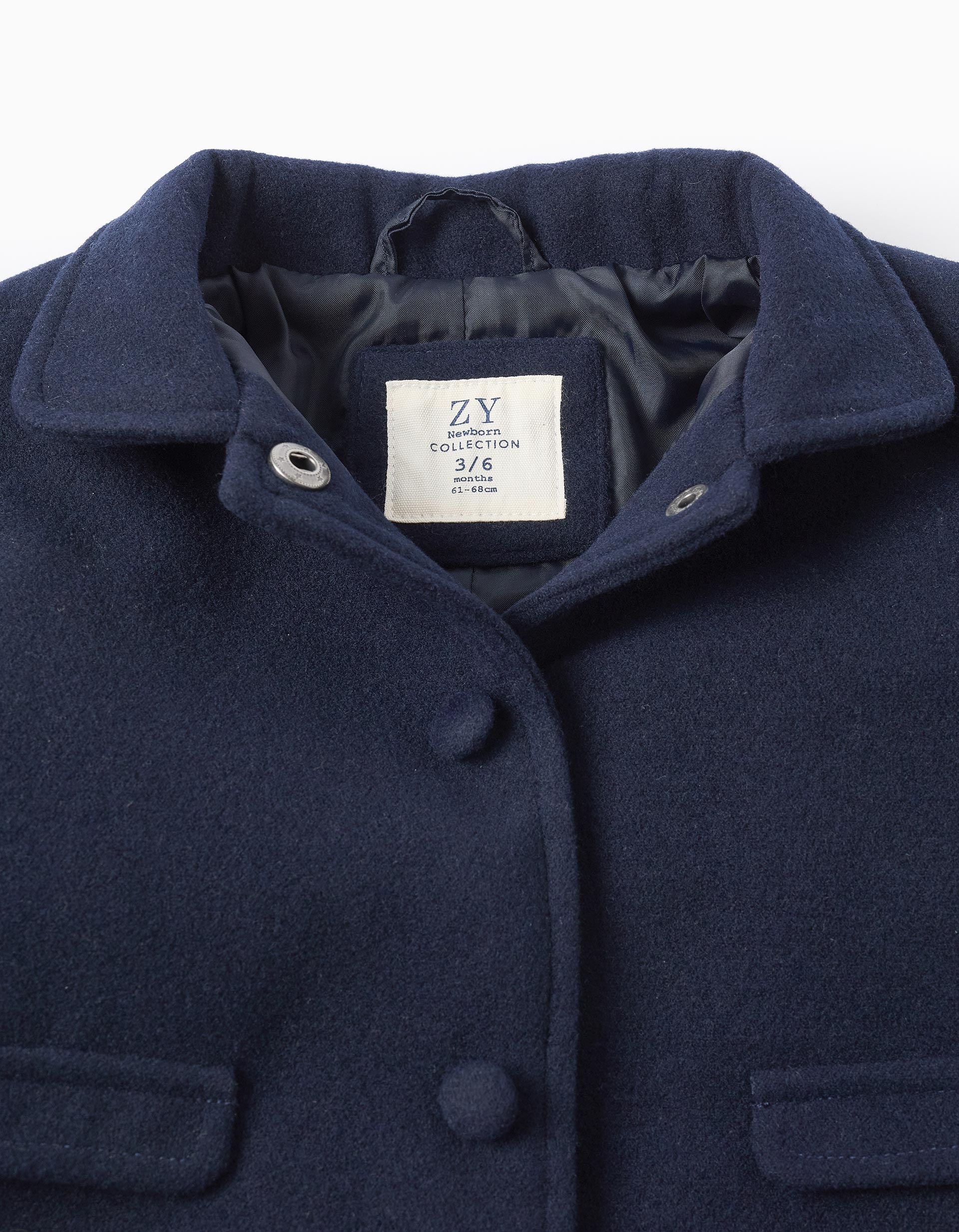 Wool effect coat with decorative buttons for newborn girls, dark blue