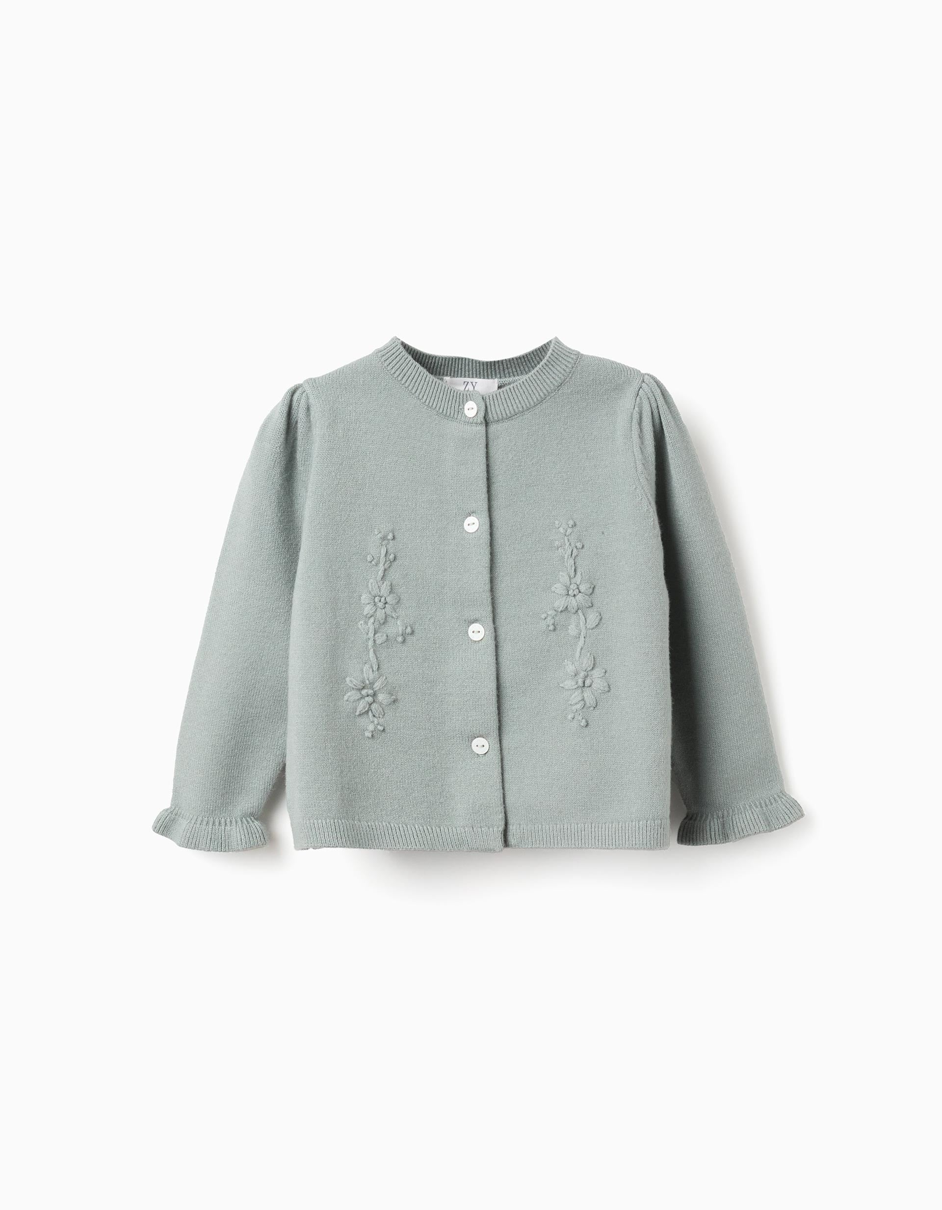 Cardigan with embroidery and ruffles B&S for baby girls, light green