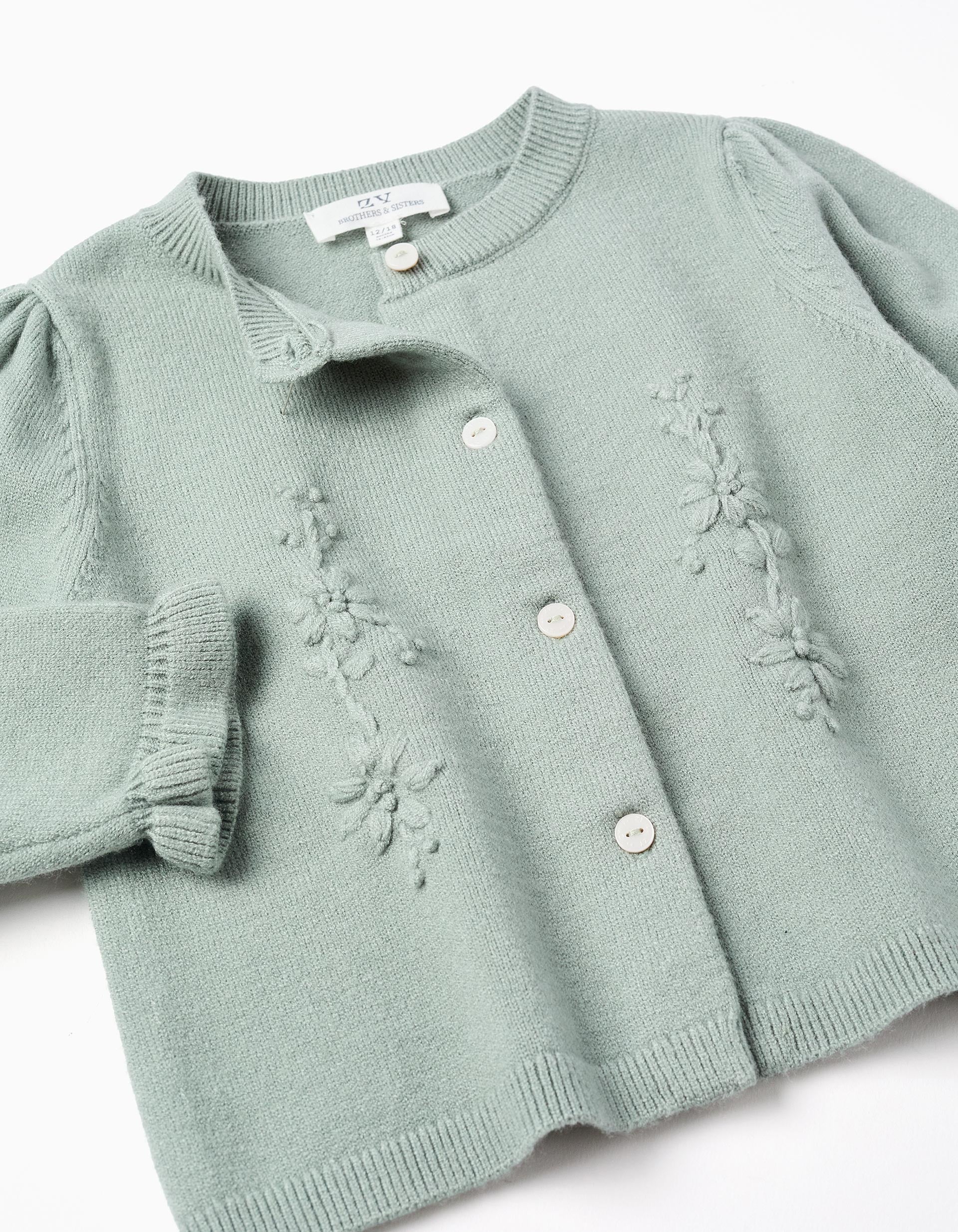 Cardigan with embroidery and ruffles B&S for baby girls, light green