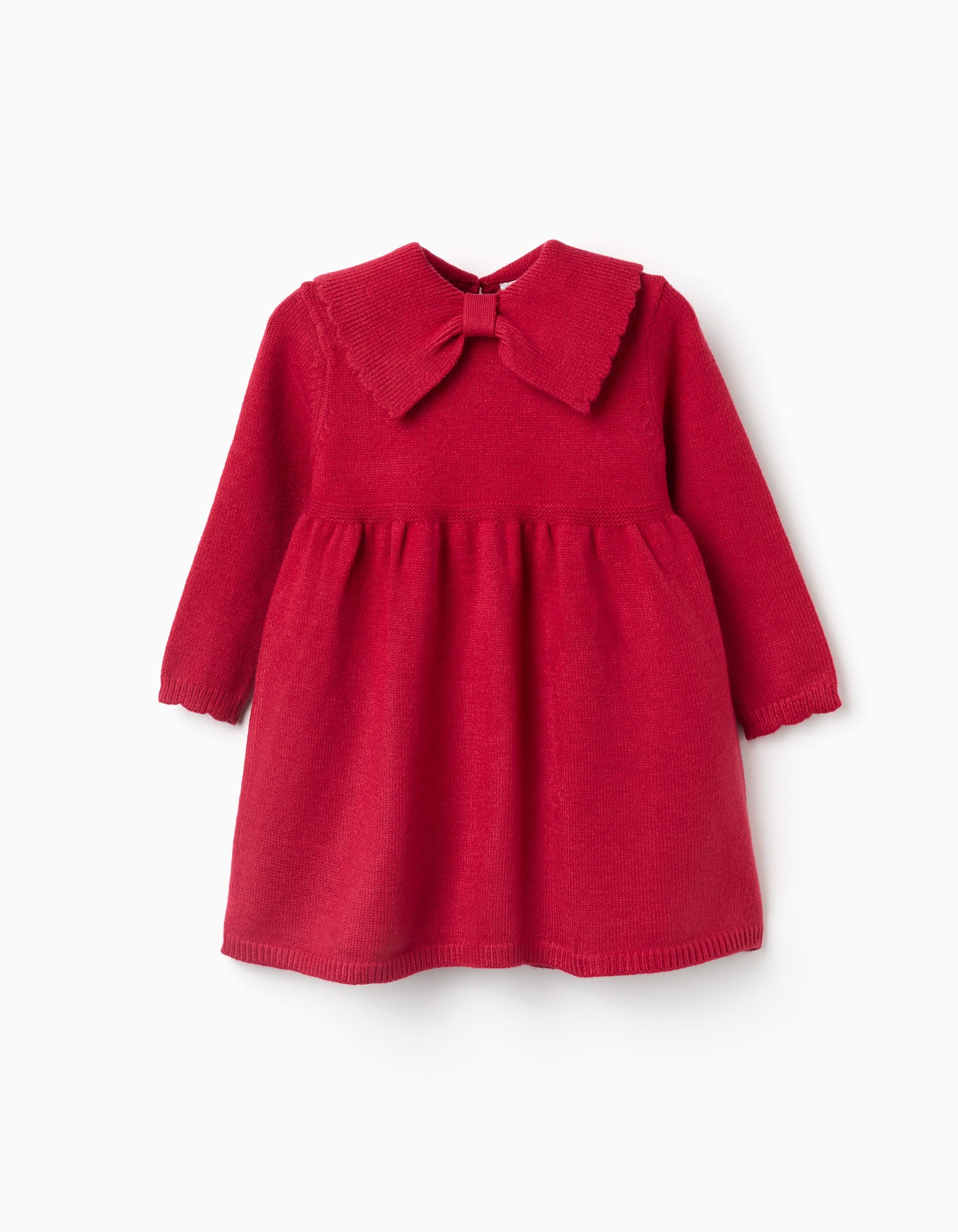 Knitted dress with bow collar for baby girls, red