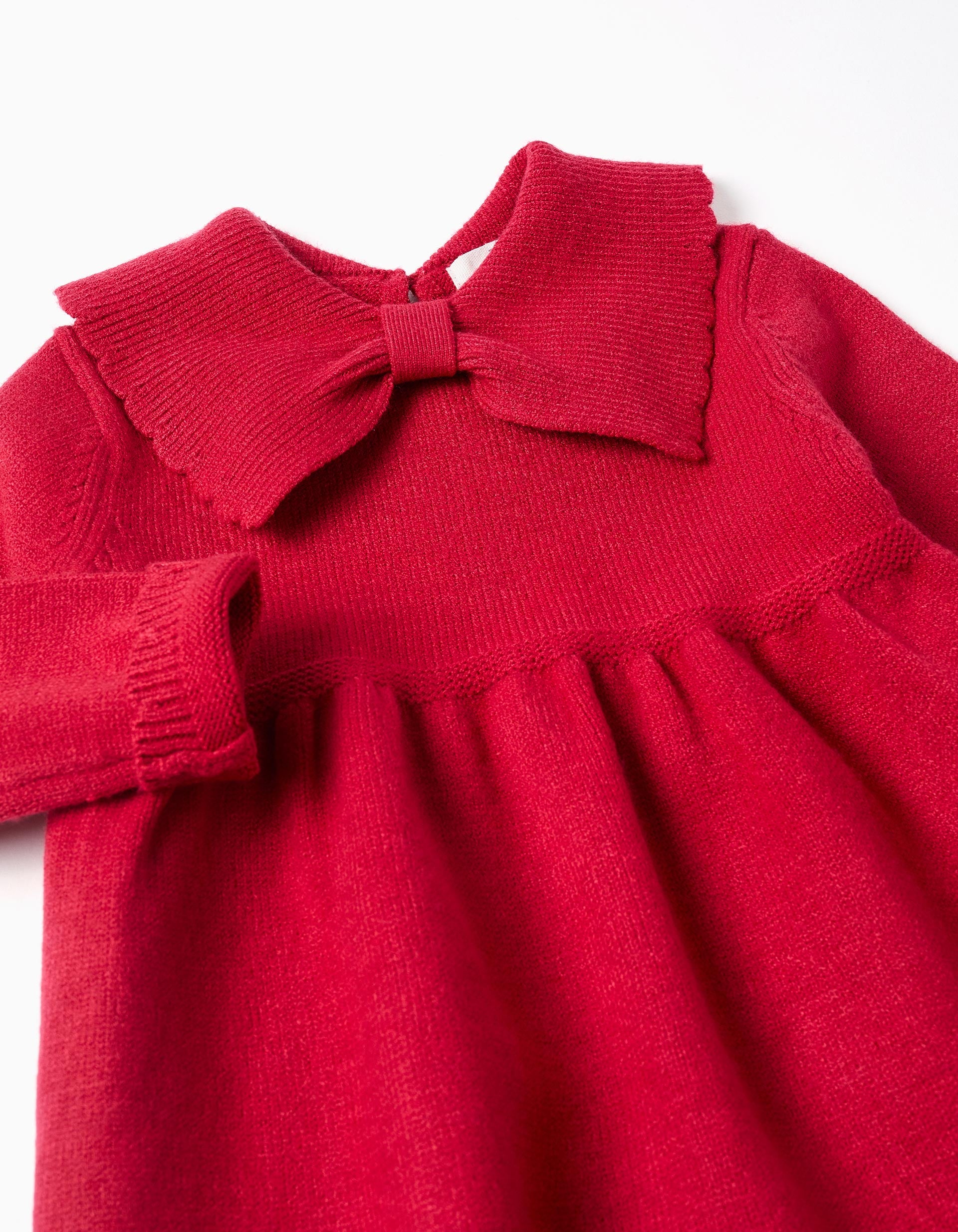 Knitted dress with bow collar for baby girls, red