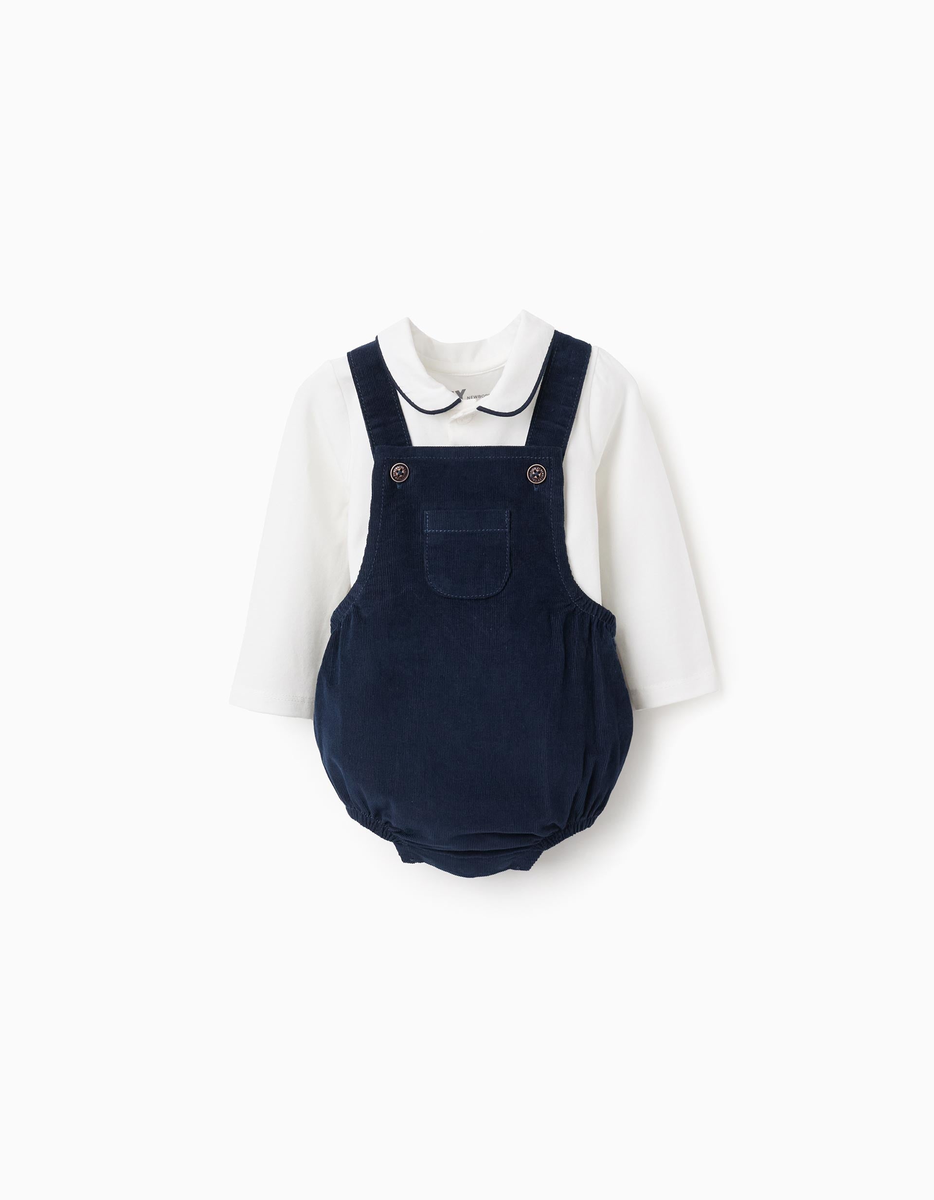 Set of body + corduroy jumpsuit for newborn boys, white/dark blue