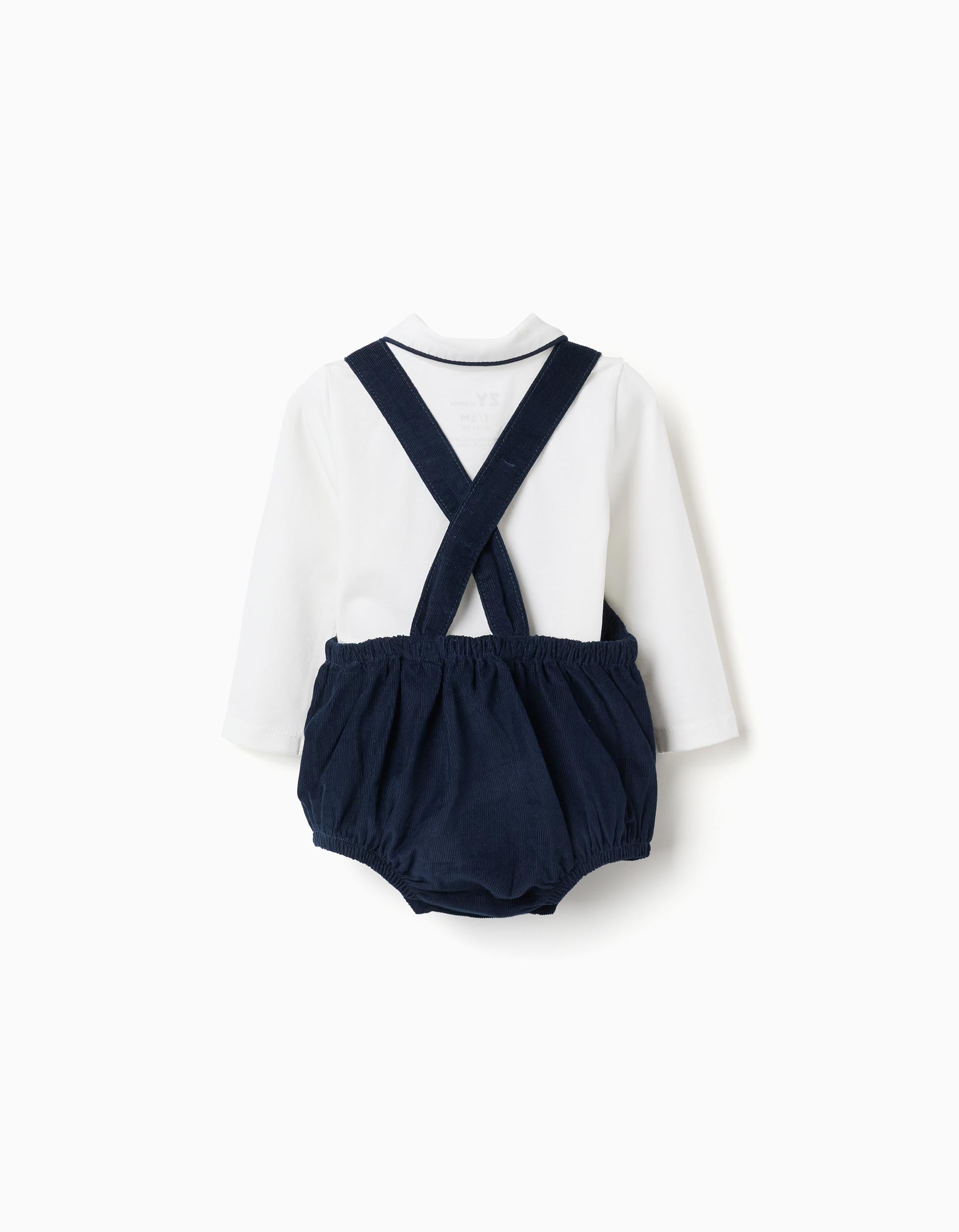 Set of body + corduroy jumpsuit for newborn boys, white/dark blue