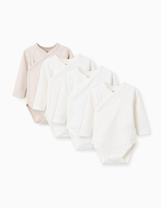 4 bodies cruzados lisos/estampados para recién nacido y bebé, blanco/beige
