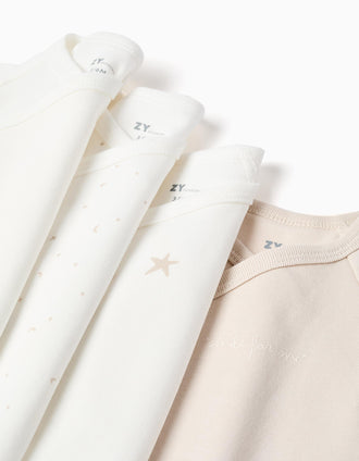 4 bodies cruzados lisos/estampados para recién nacido y bebé, blanco/beige