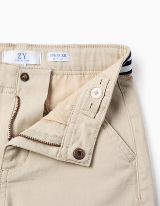 Pantalon Chino en Sergé avec Taille Rayée pour Garçon, Beige