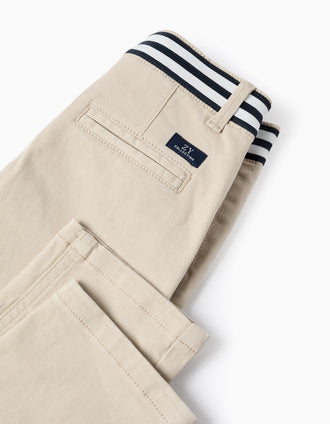 Pantalon Chino en Sergé avec Taille Rayée pour Garçon, Beige