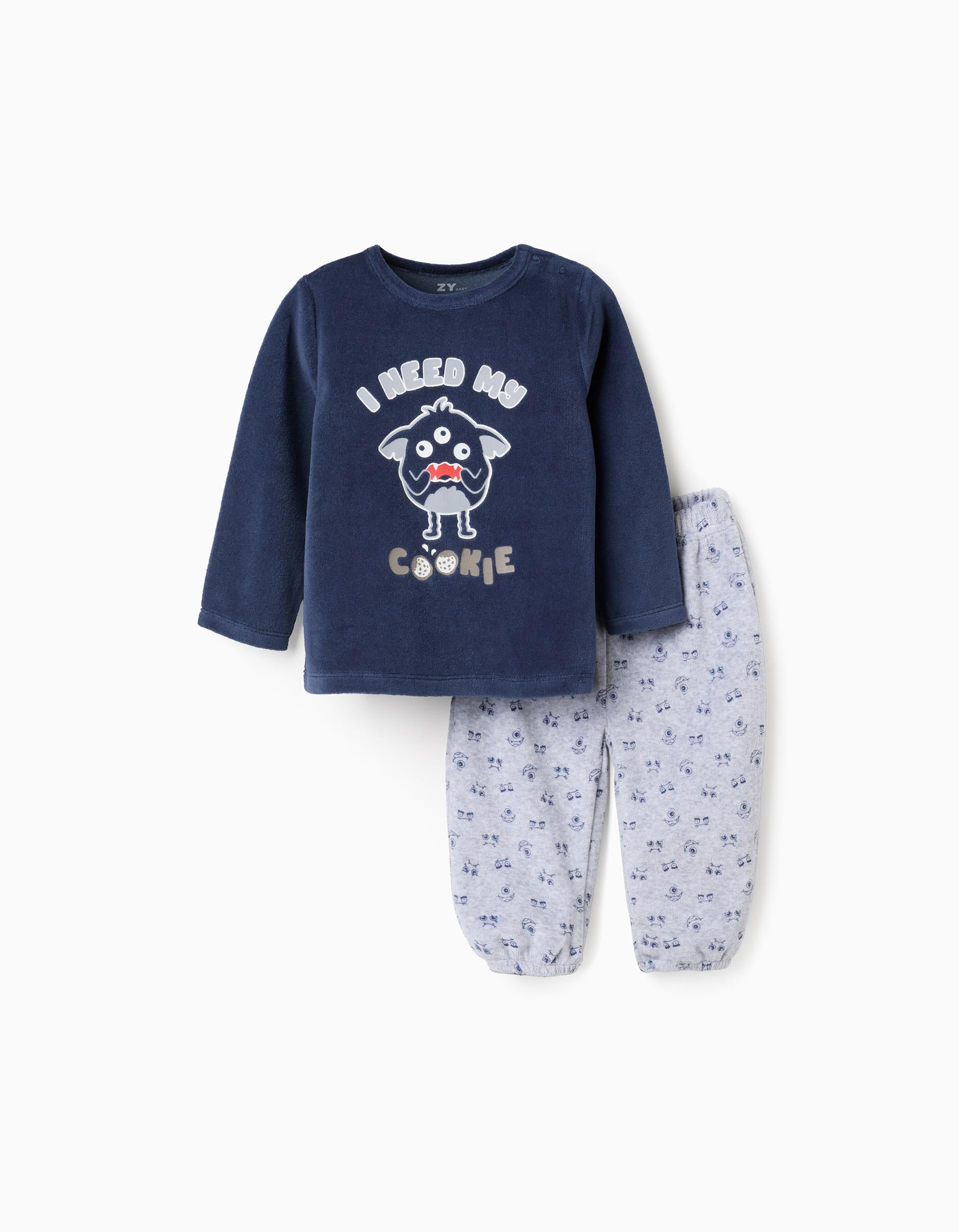 'Emotions' glow-in-the-dark velvet pyjama for baby boys, blue/grey