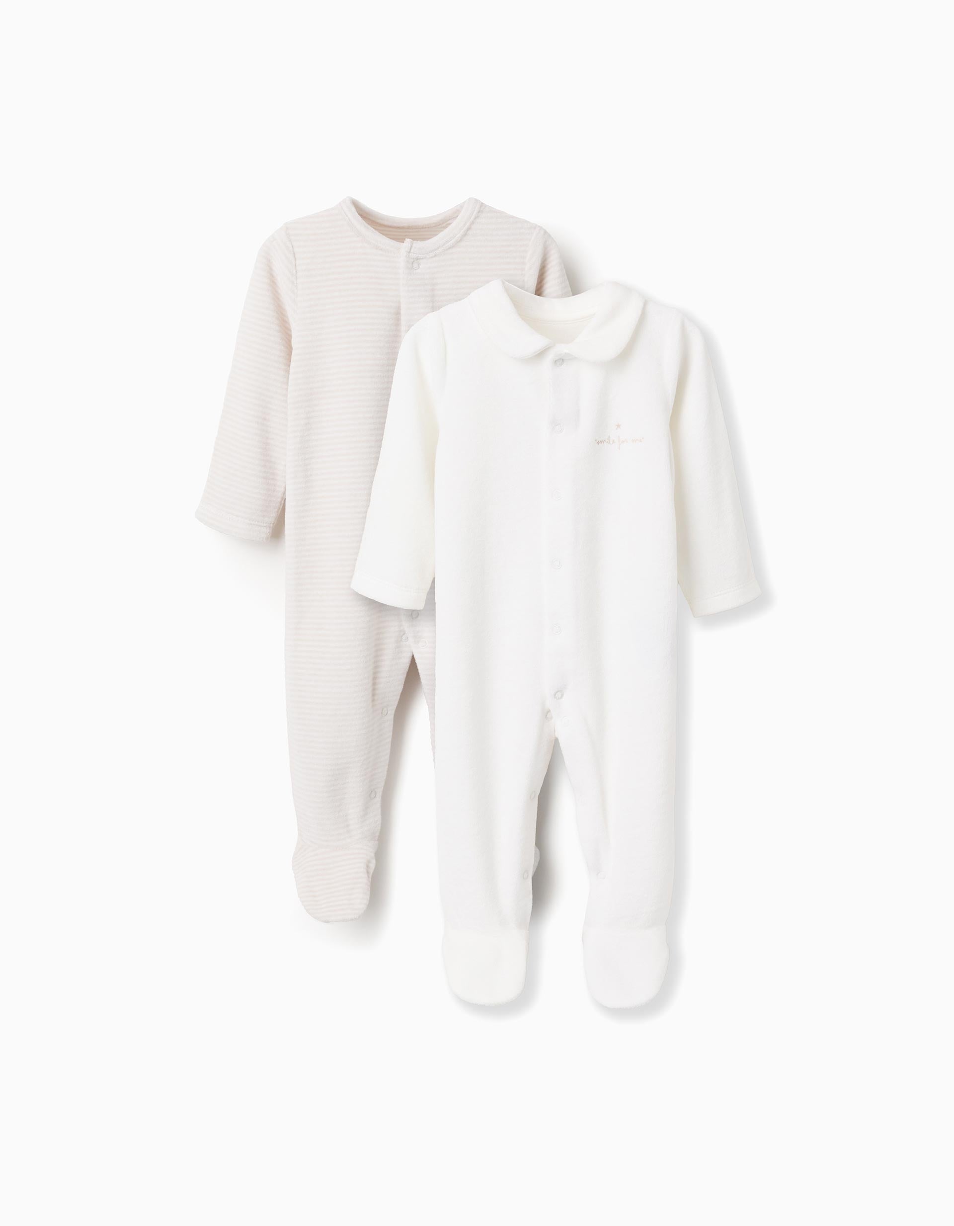 Pack 2 Grenouillères en Velours 'Smile' pour Nouveau-Né, Blanc/Beige