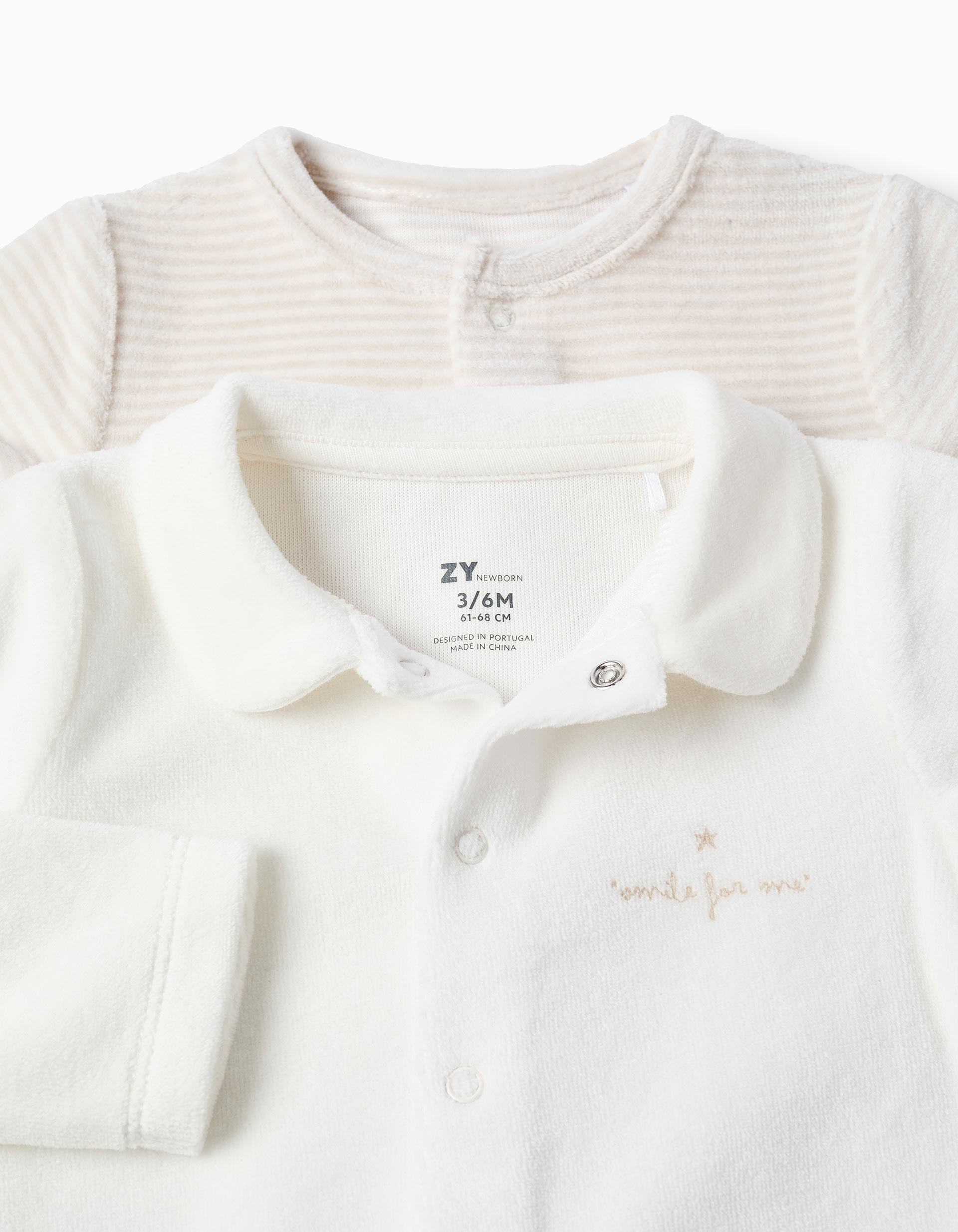 Pack 2 Grenouillères en Velours 'Smile' pour Nouveau-Né, Blanc/Beige