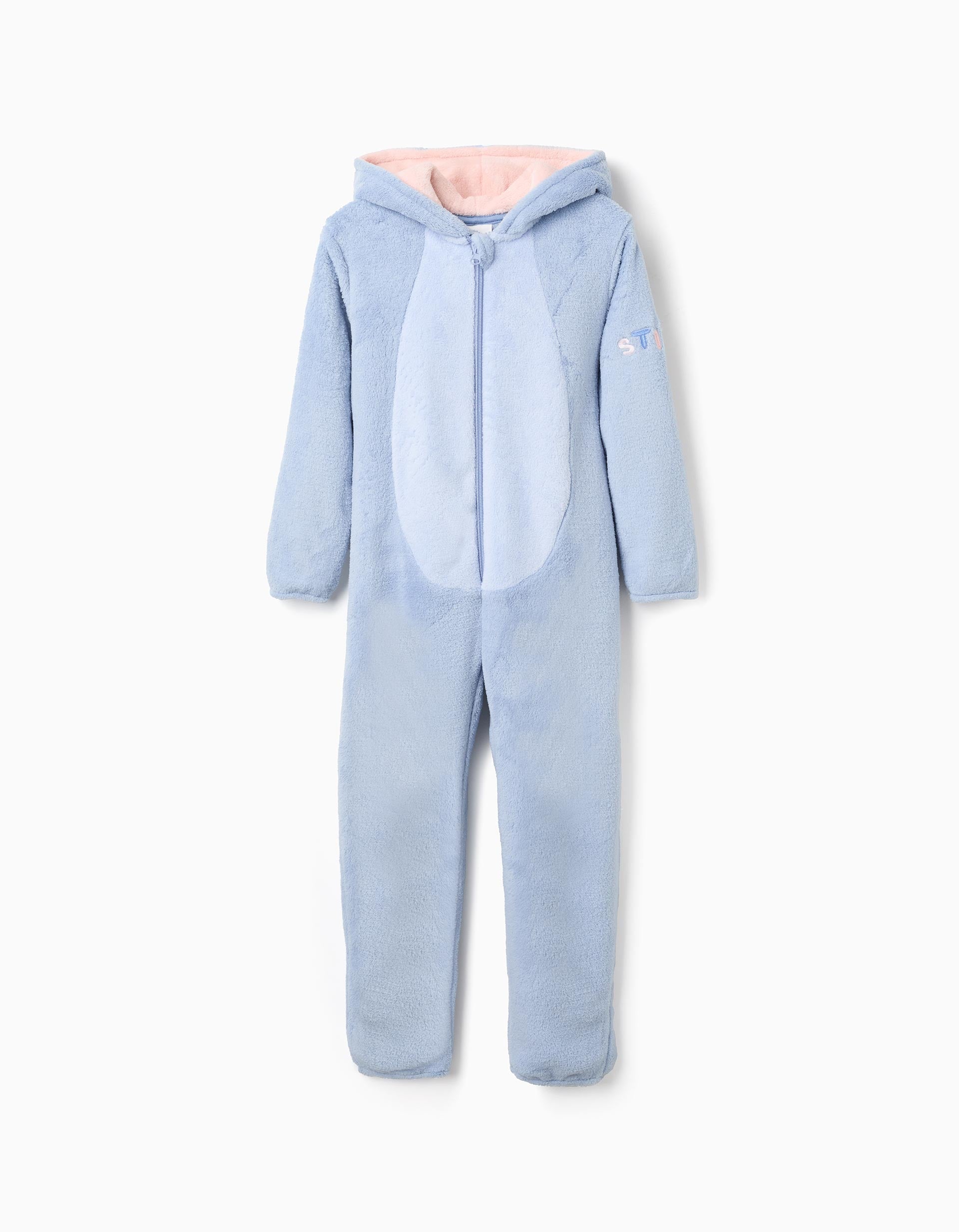 Coral fleece onesie with Stitch for babies and girls, light blue