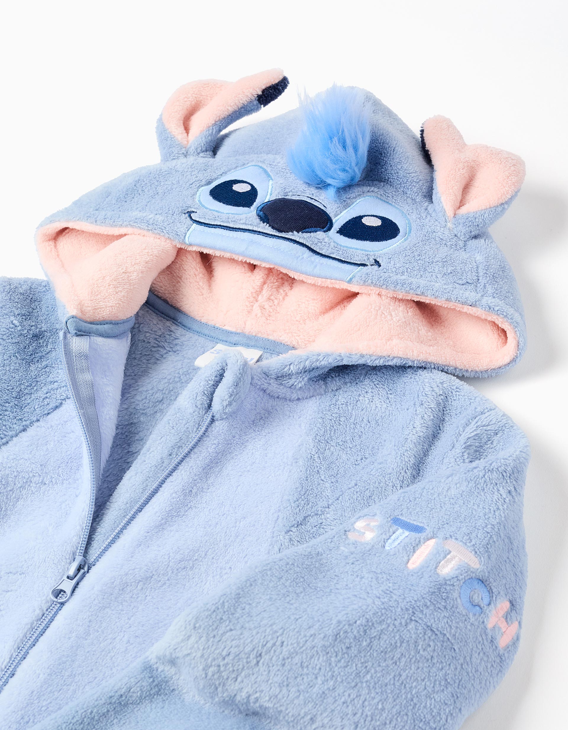 Coral fleece onesie with Stitch for babies and girls, light blue