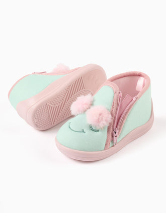 Slippers with Monsters of Emotions embroidery for baby girls, green/pink