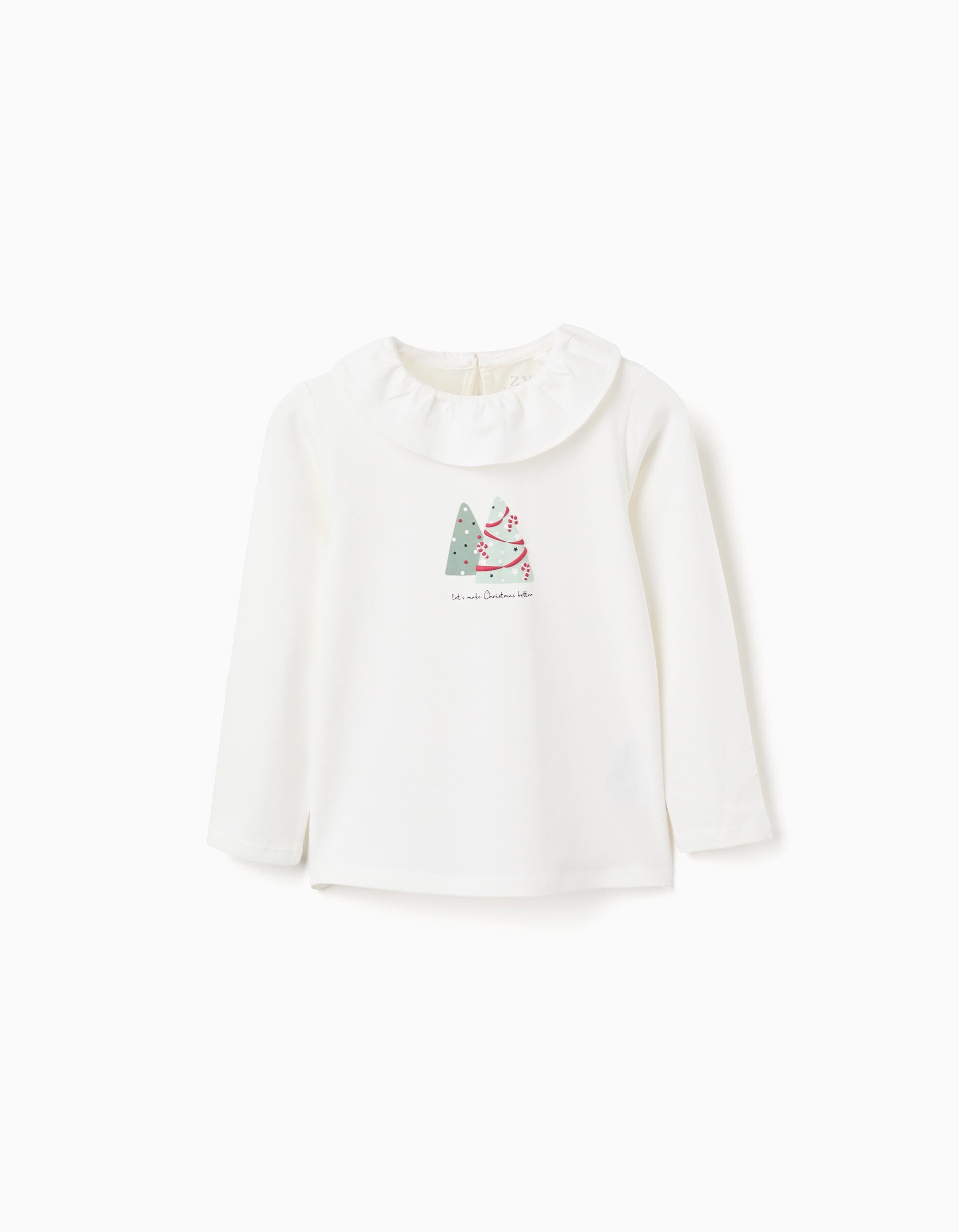 T-shirt com gola de folhos e estampado para menina, branco