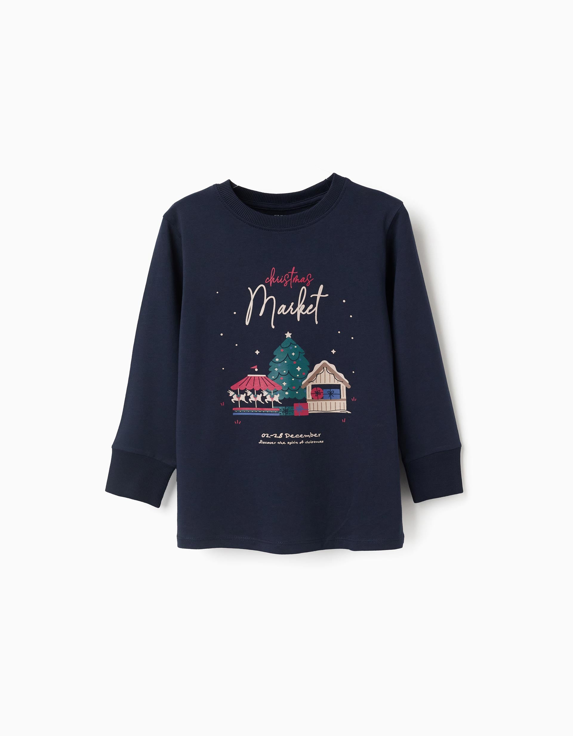 Long sleeve cotton T-shirt with Christmas print for boys, dark blue
