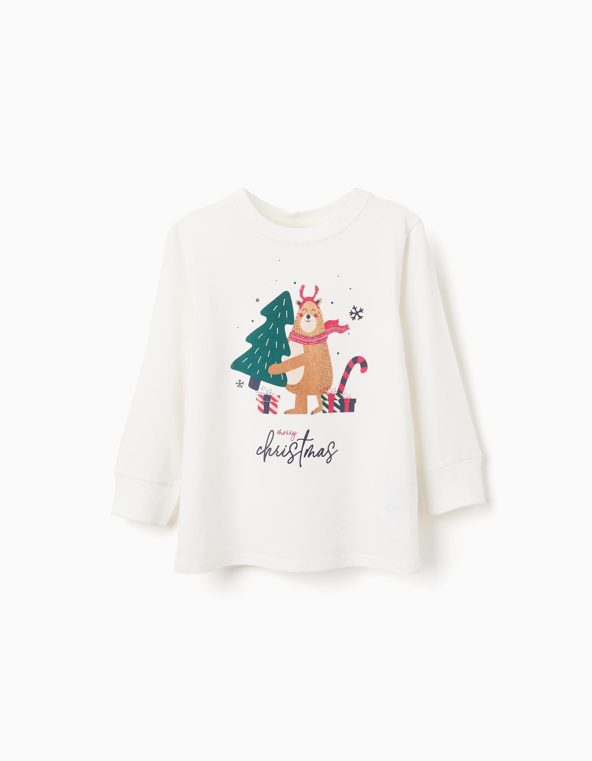 Long sleeve cotton T-shirt with Christmas print for boys, white