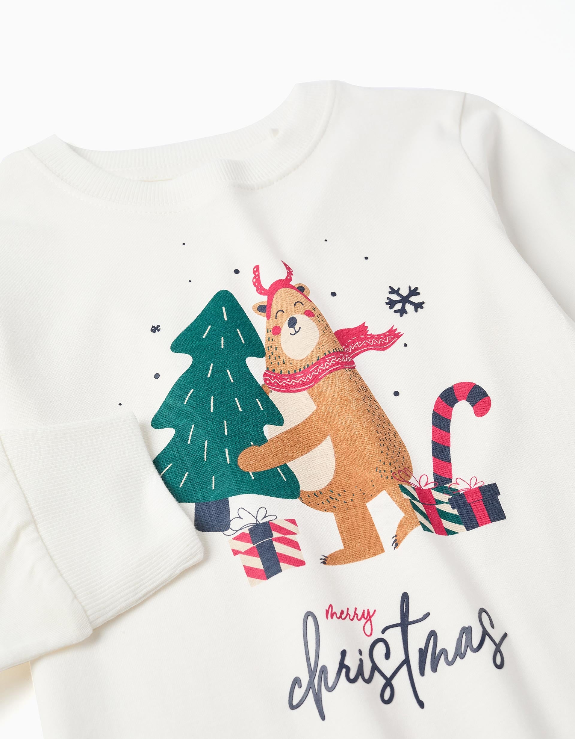 Long sleeve cotton T-shirt with Christmas print for boys, white