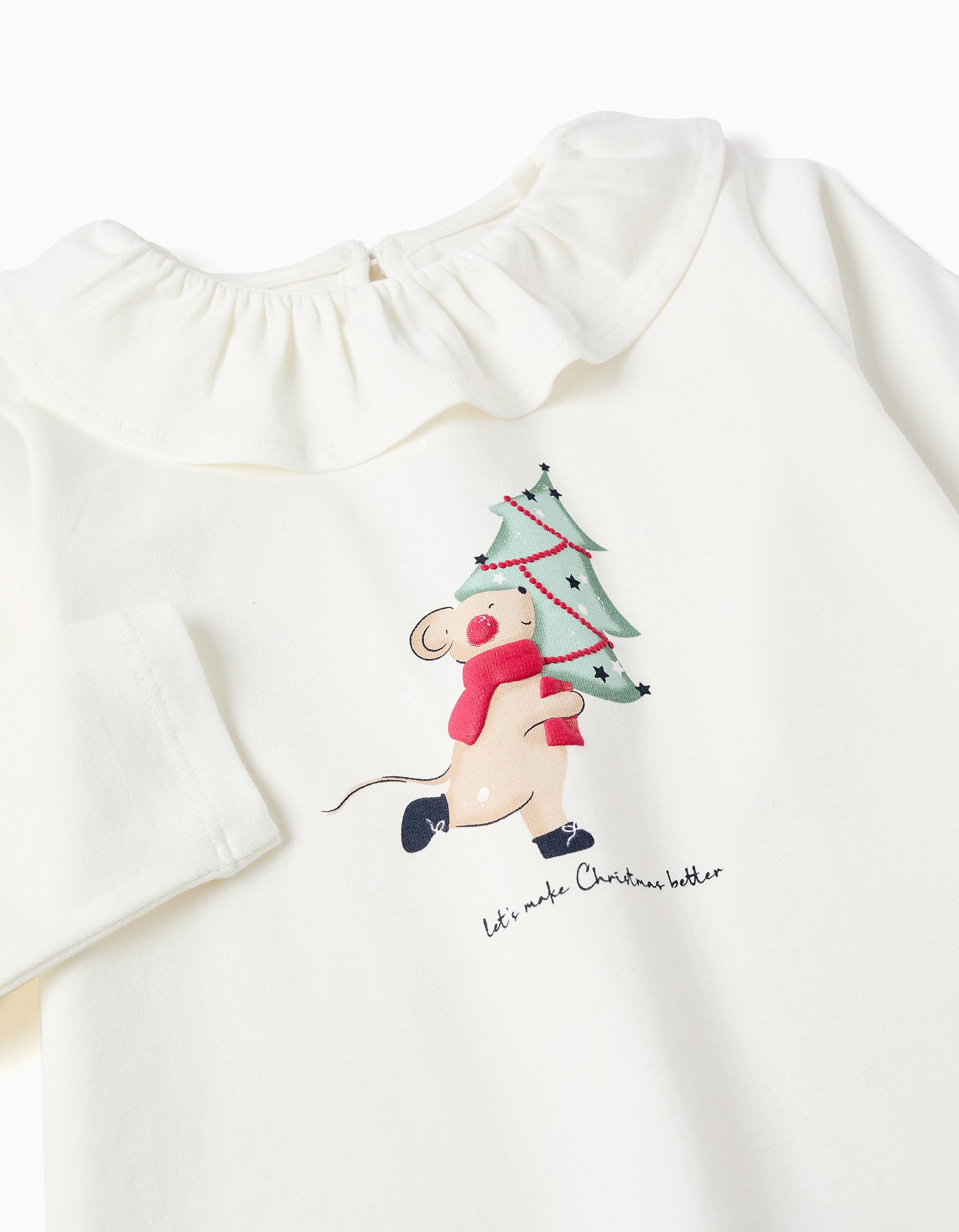 T-shirt com gola de folhos e estampado para bebé menina, branco