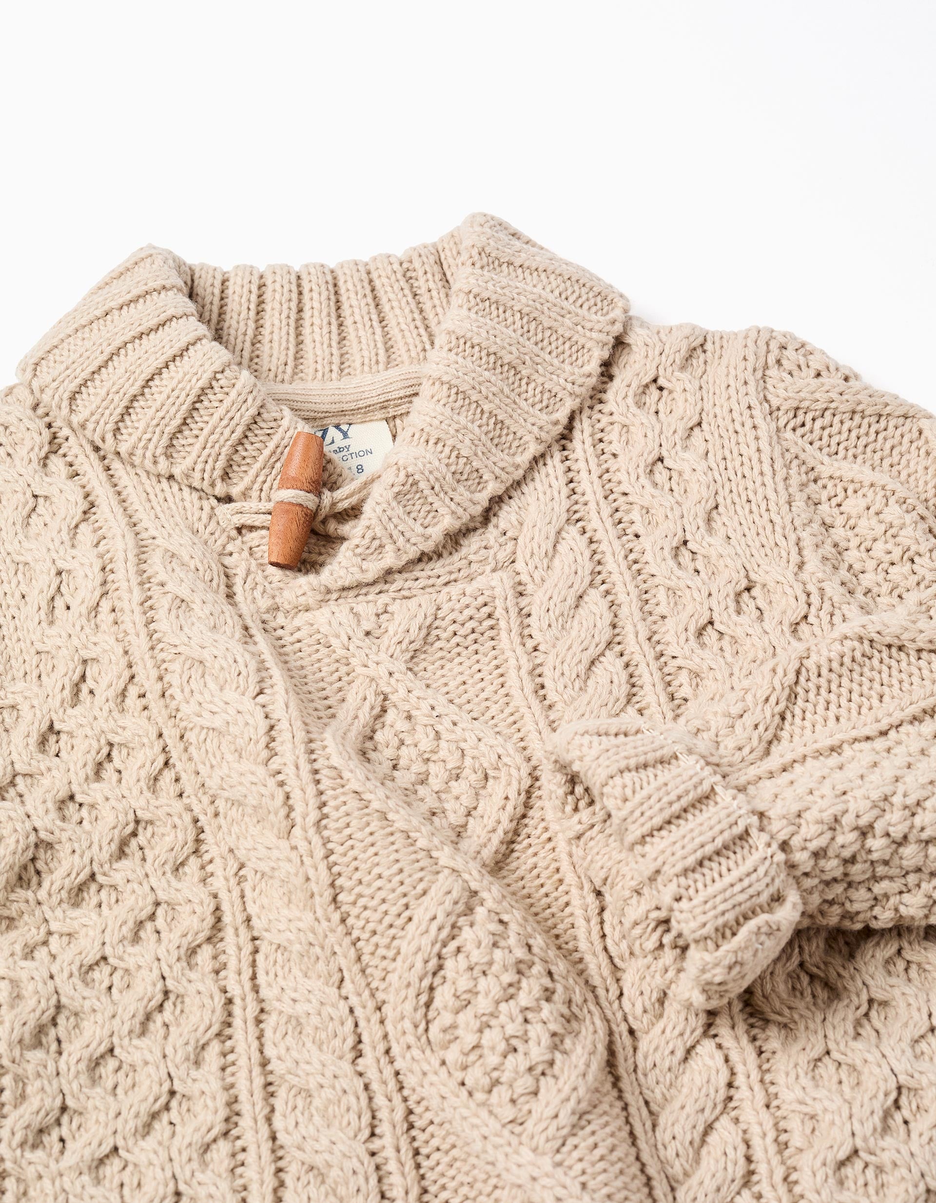 Thick cable knit jumper with shawl collar for baby boys, beige – ZIPPY