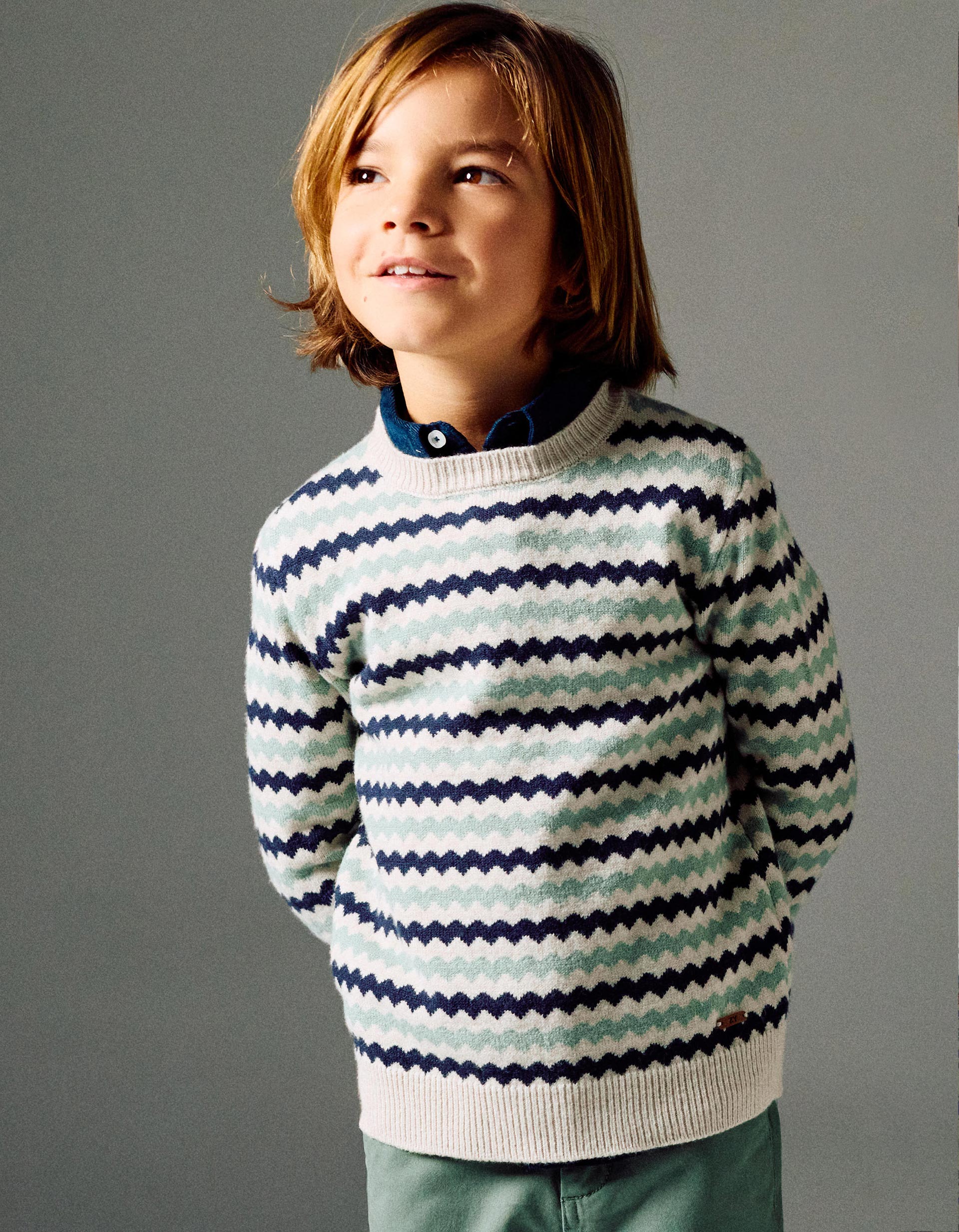 Knitted jumper with jacquard stripes B&S for boys, beige/blue/green