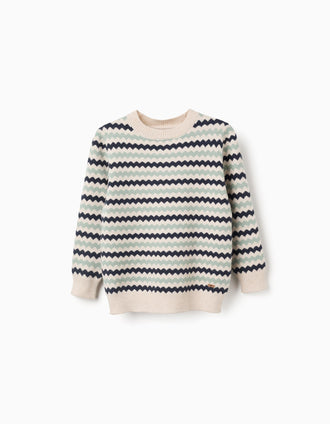 Camisola de malha com riscas em jacquard B&S para menino, bege/azul/verde